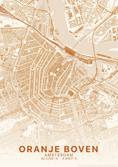 Gratis kaartposter van de Amsterdamse grachtengordel in koningsoranje