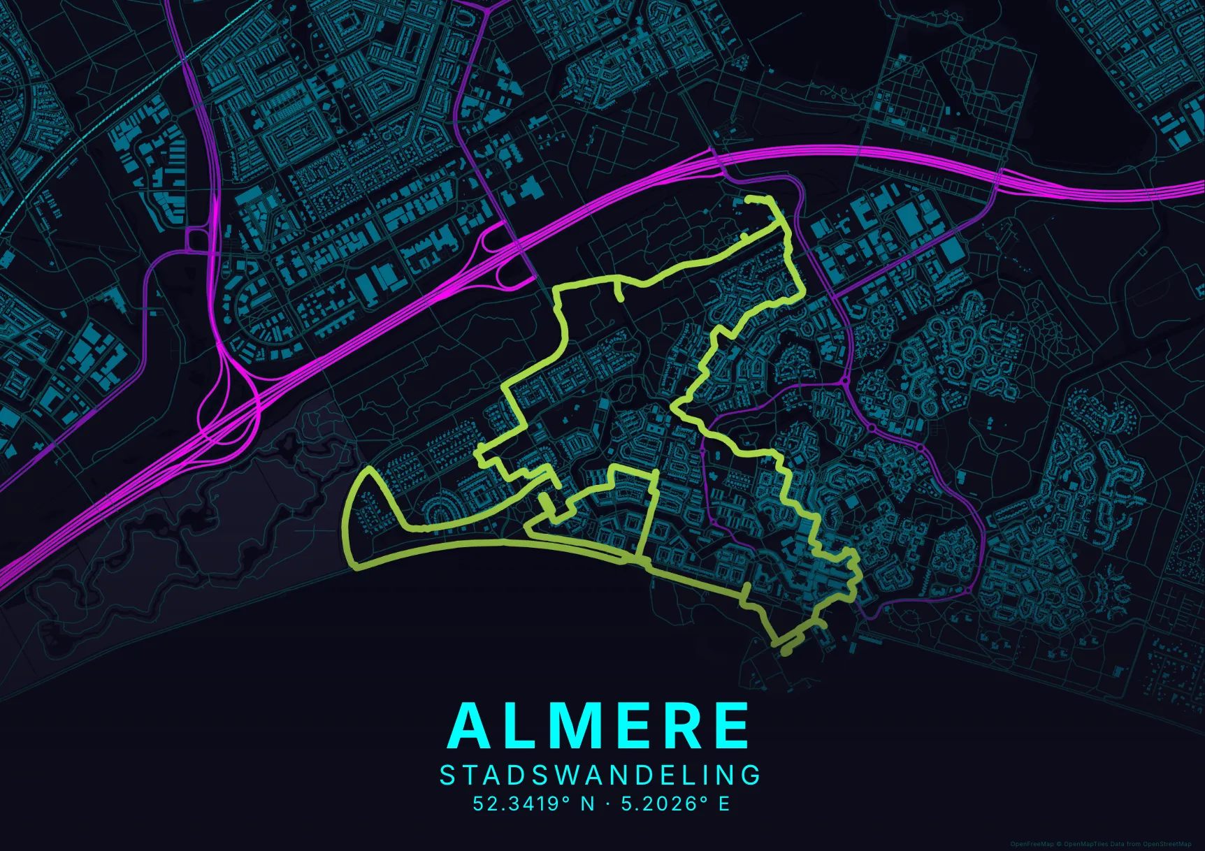 Kaartposter Almere in Neon stijl