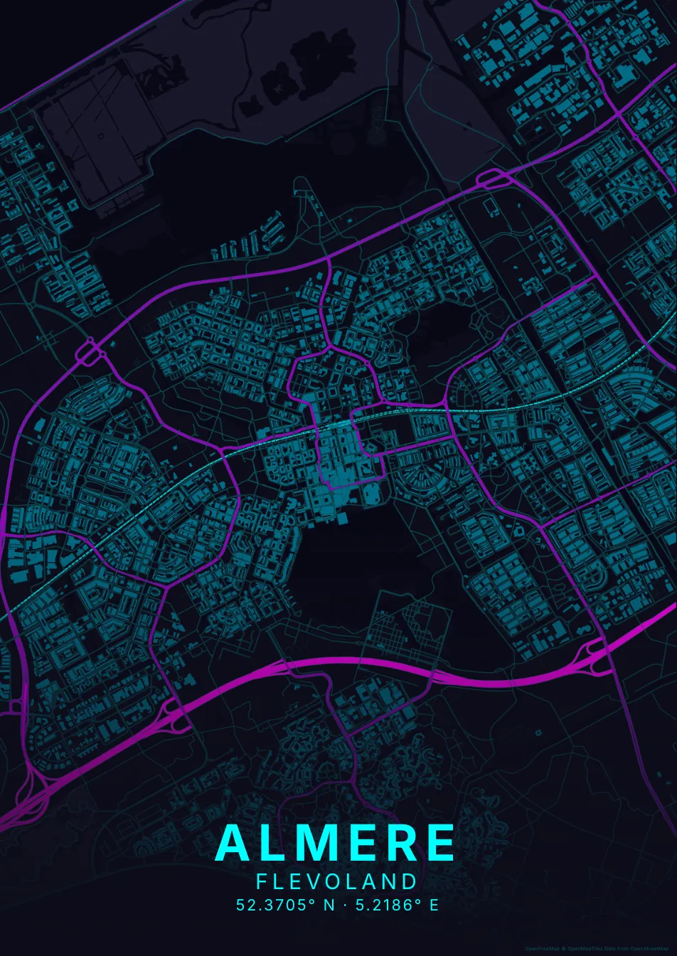 Kaartposter Almere in Neon stijl