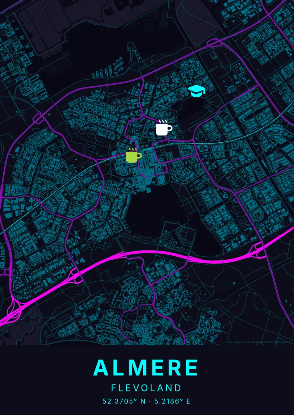 Kaartposter Almere in Neon stijl