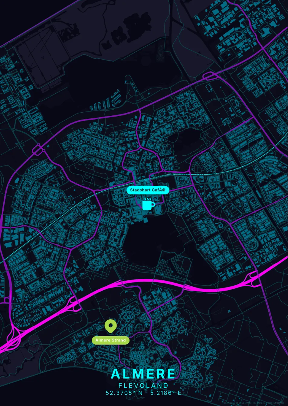 Kaartposter Almere in Neon stijl