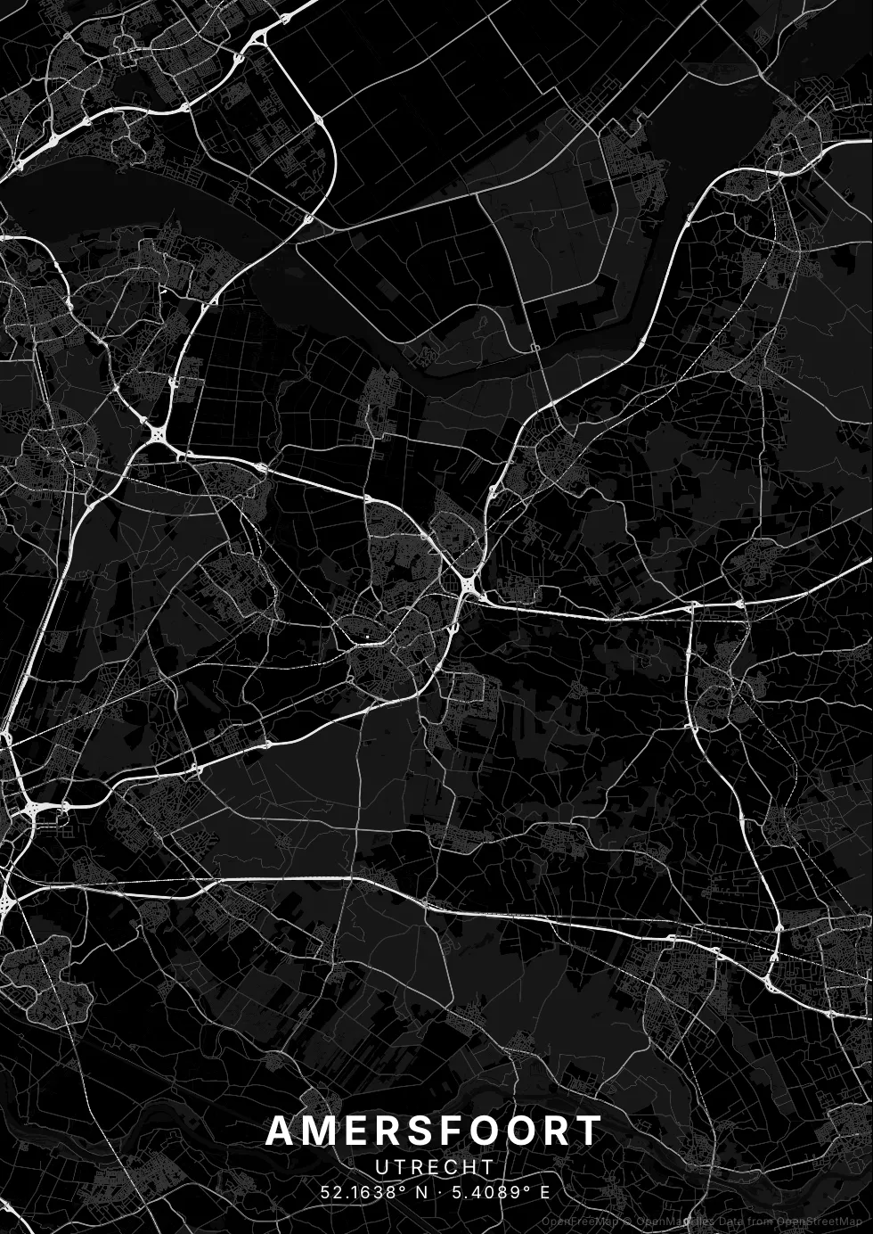 Kaartposter Amersfoort in Nachtzwart stijl