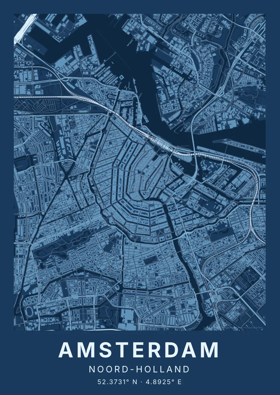 Kaartposter Amsterdam in Blauwdruk stijl
