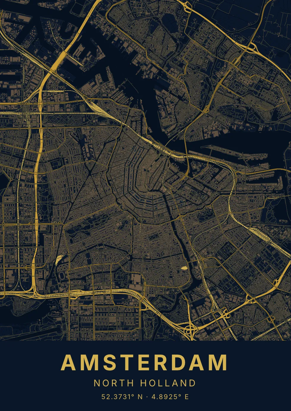 Kaartposter van Amsterdam in Nachtblauw stijl