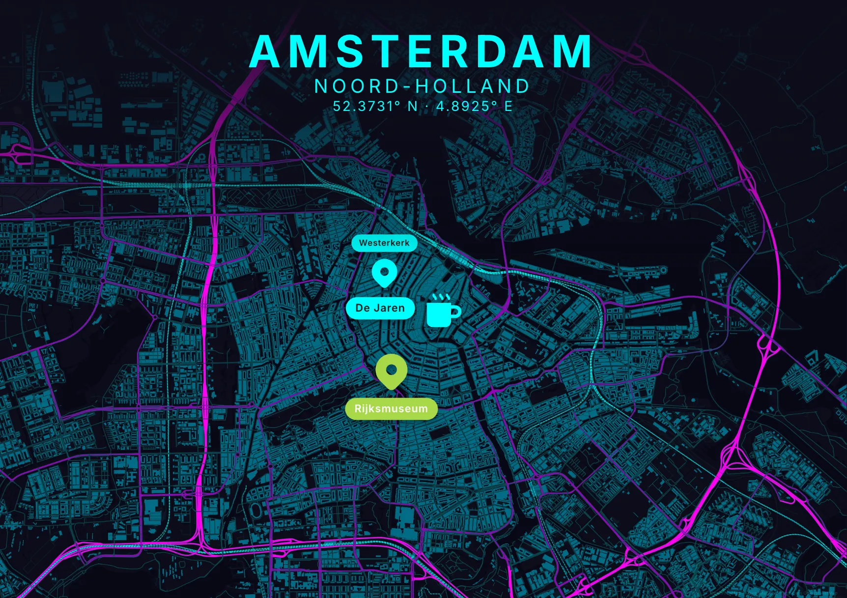 Kaartposter Amsterdam in Neon stijl