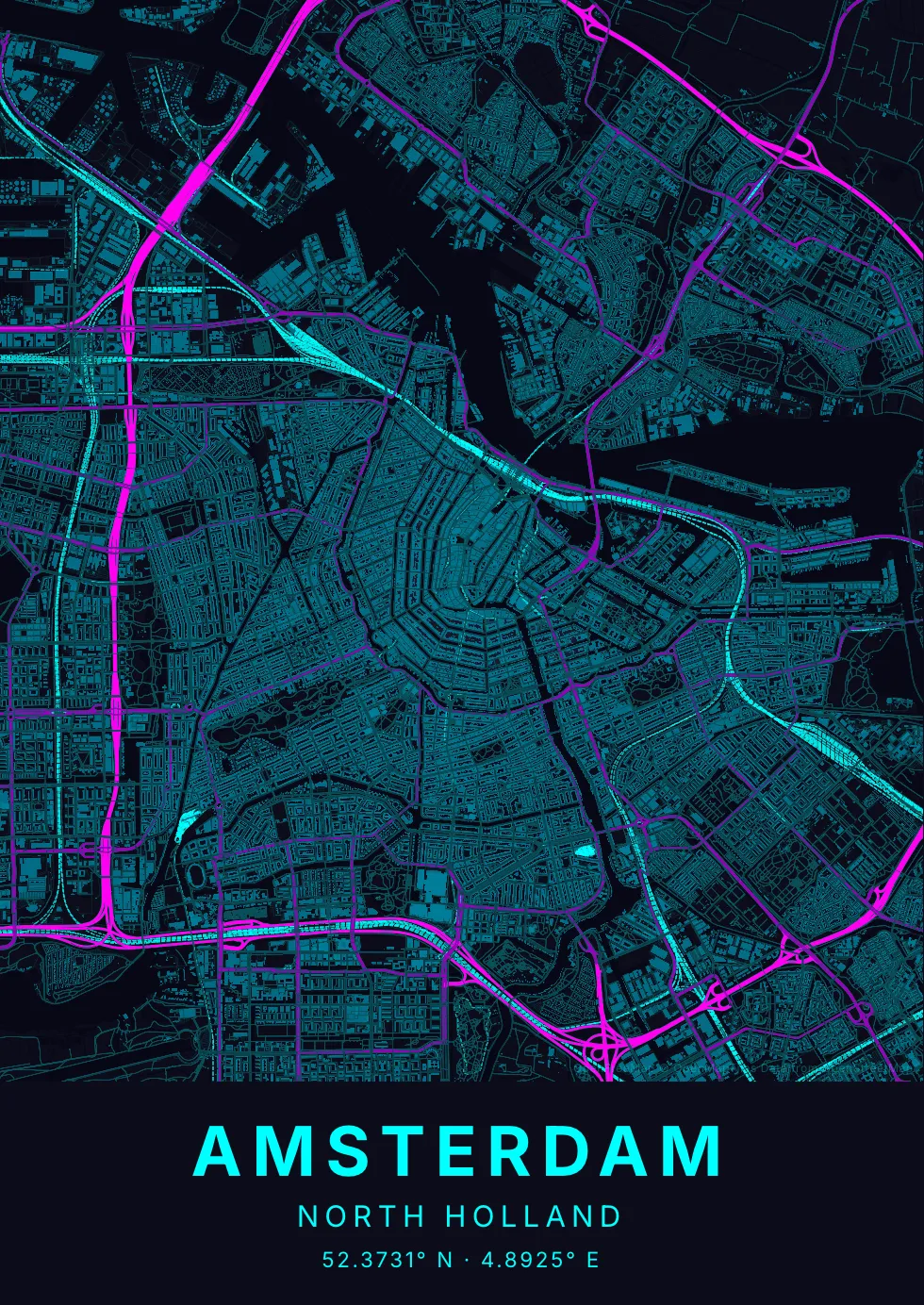 Kaartposter van Amsterdam in Neon stijl