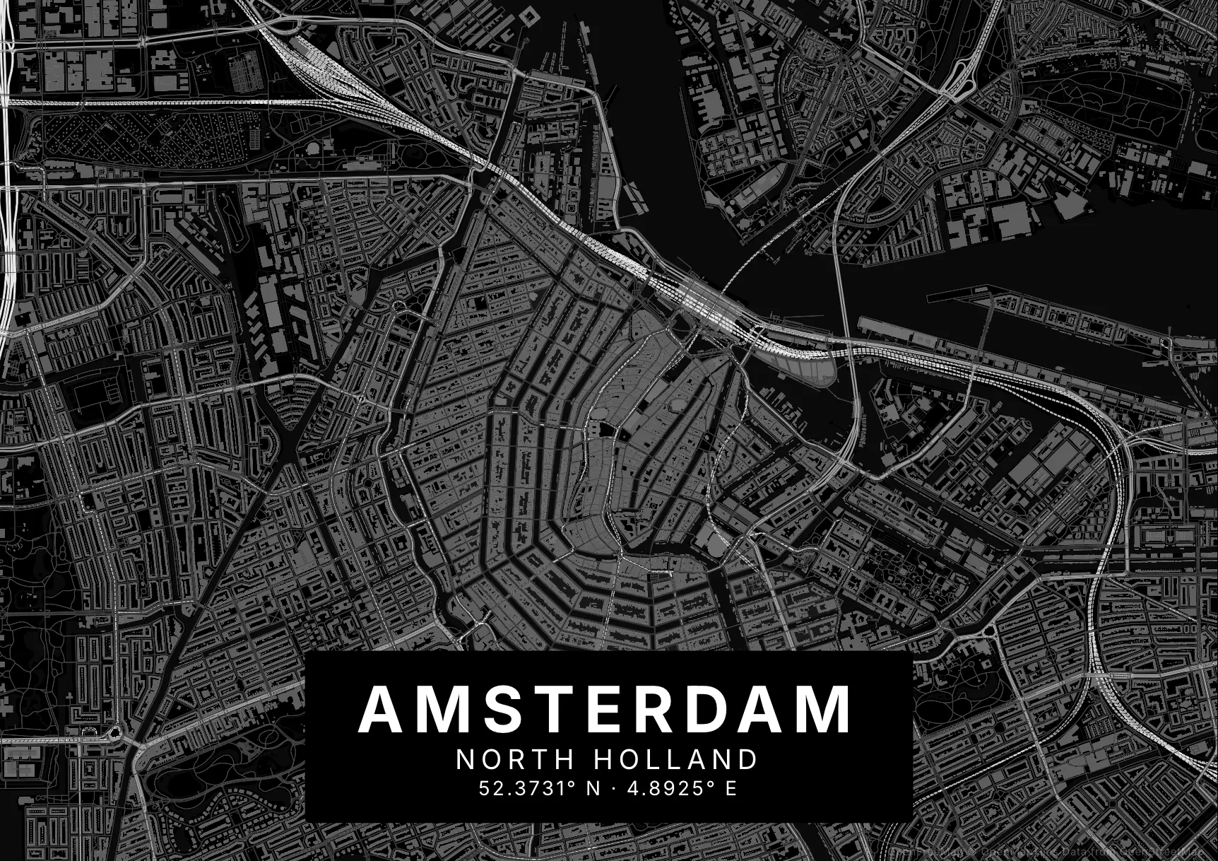 Liggende kaartposter Amsterdam in Nachtzwart stijl