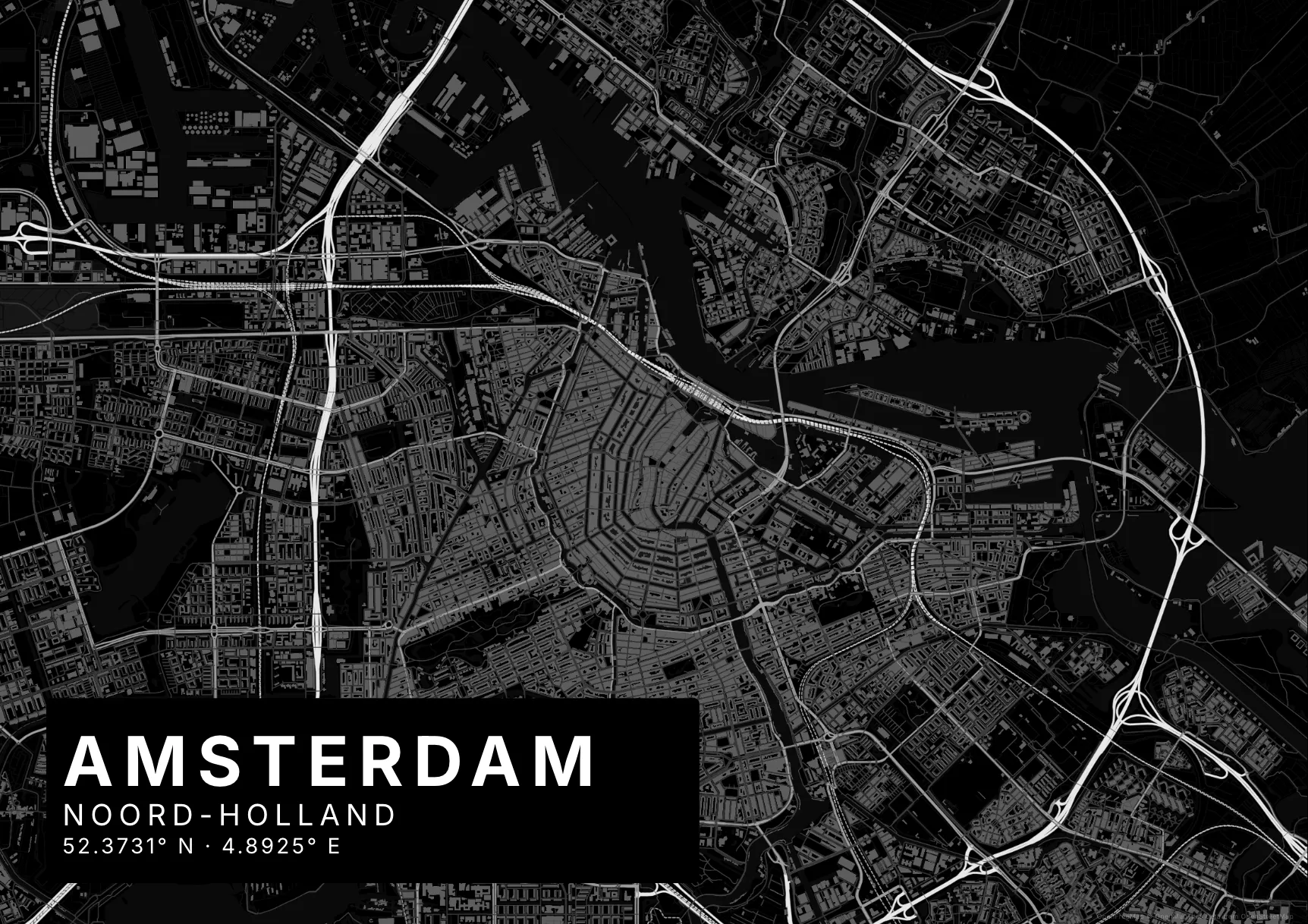 Kaartposter Amsterdam in Nachtzwart stijl