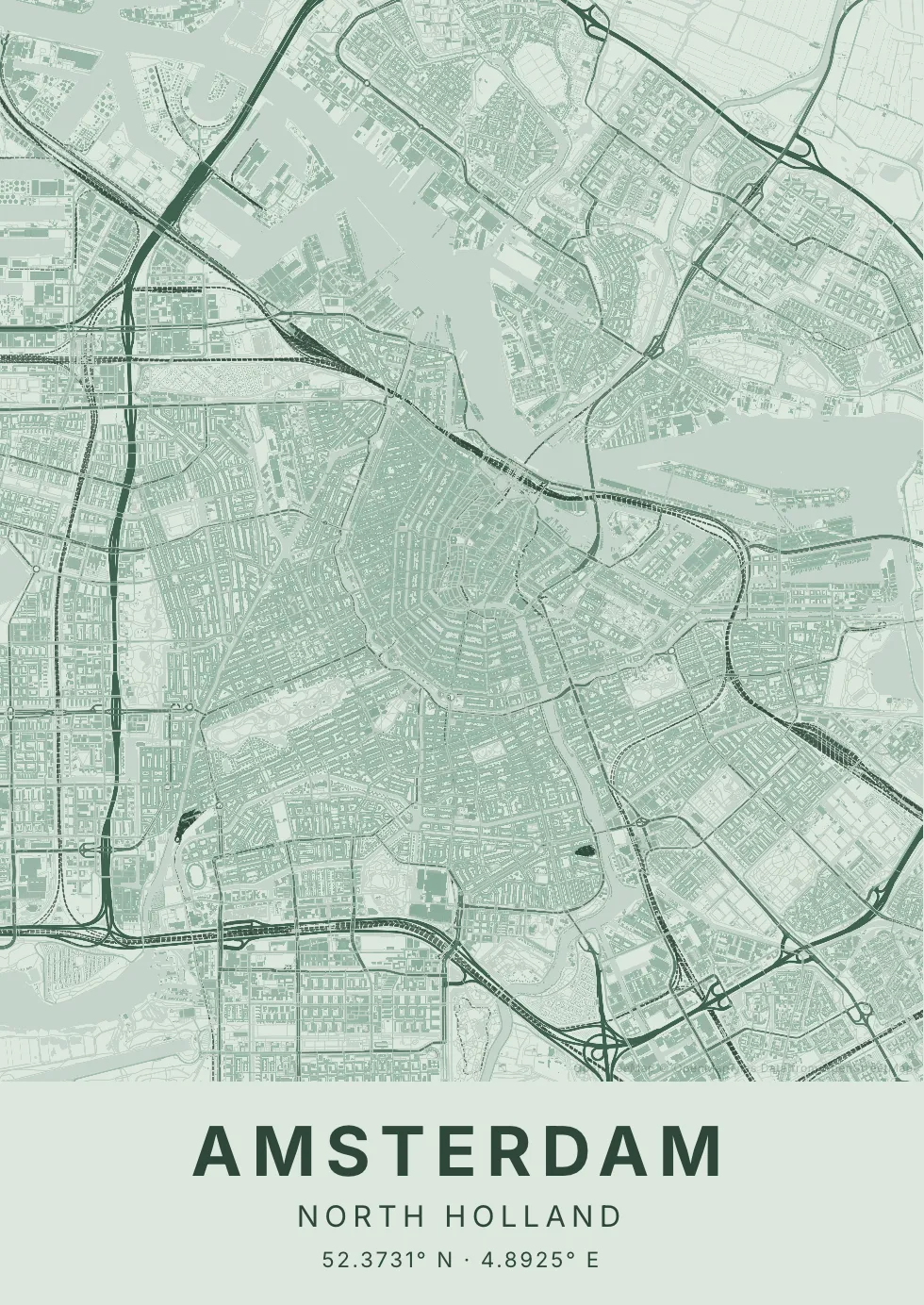 Kaartposter van Amsterdam in Sage stijl