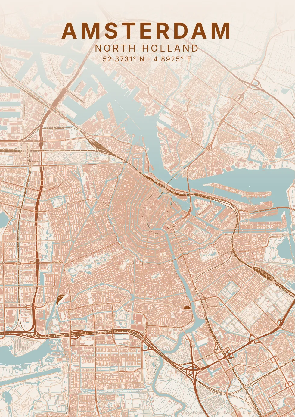 Kaartposter Amsterdam in Klei stijl