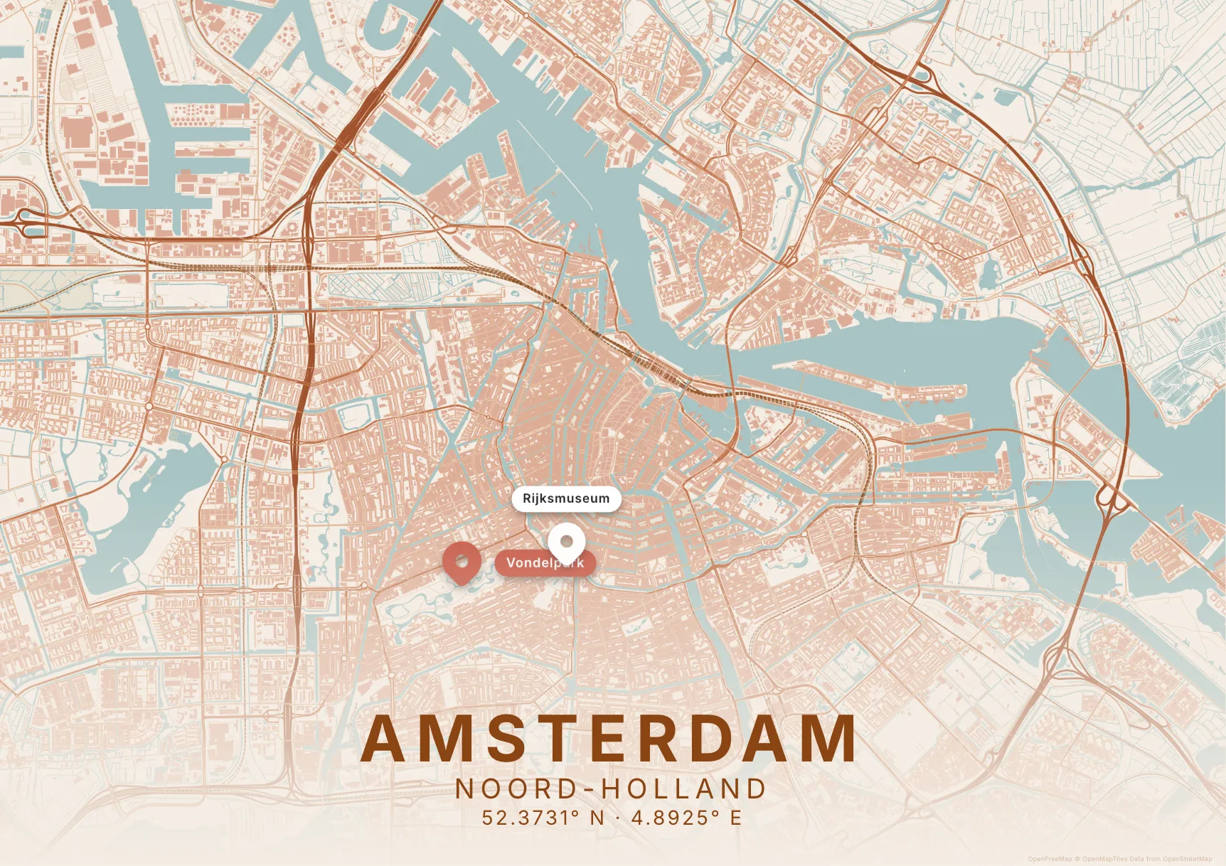 Kaartposter Amsterdam in Klei stijl