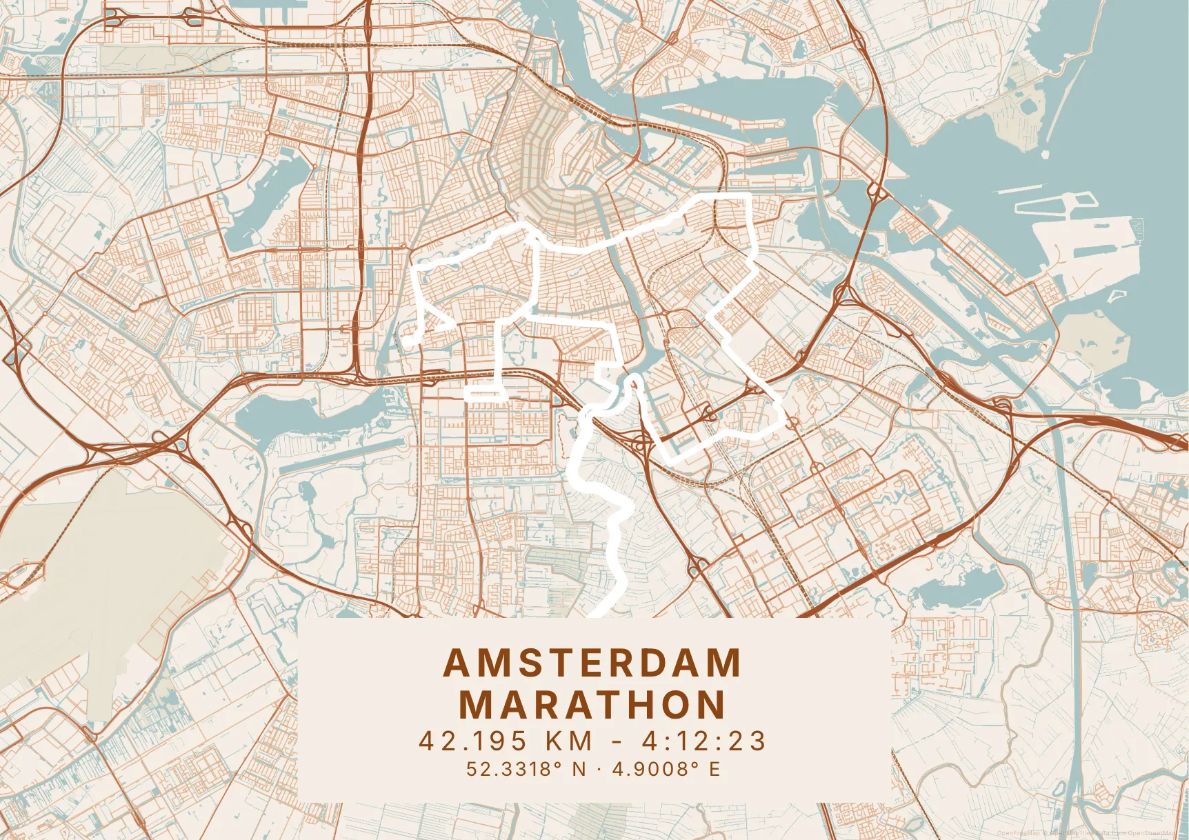 Kaartposter van Amsterdam met marathon-route getekend op de kaart