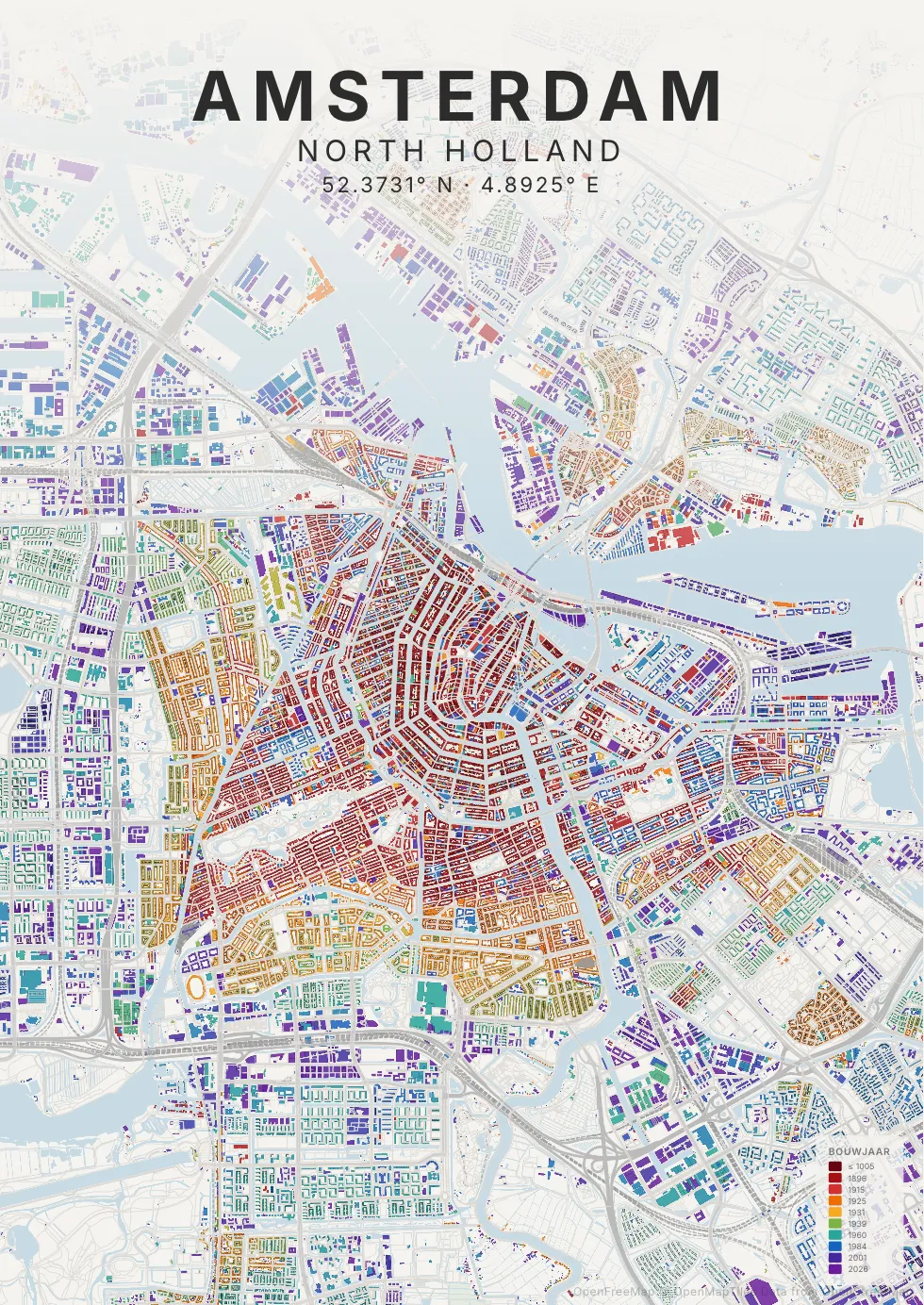 Kaartposter Amsterdam in Tijdlaag stijl