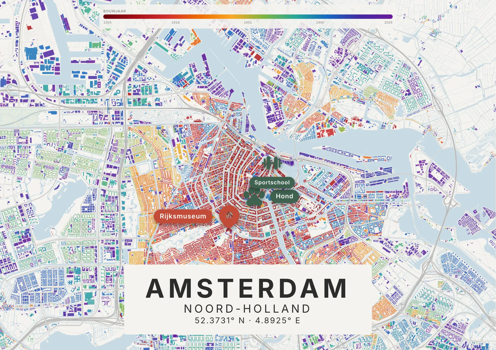 Kaartposter Amsterdam in Tijdlaag stijl, liggend