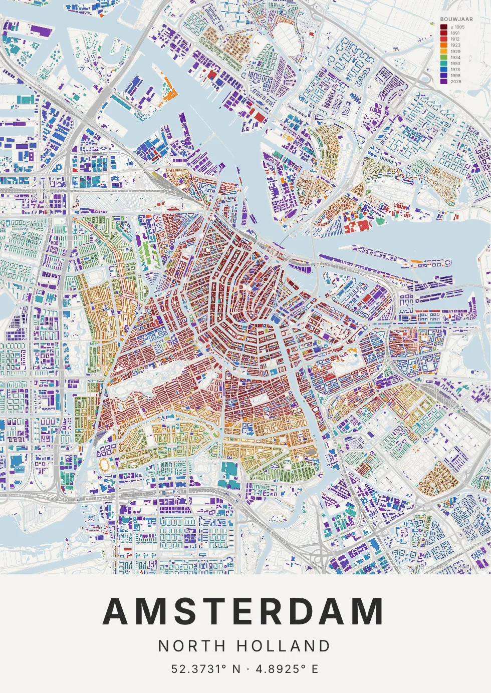 Kaartposter van Amsterdam in Tijdlaag stijl