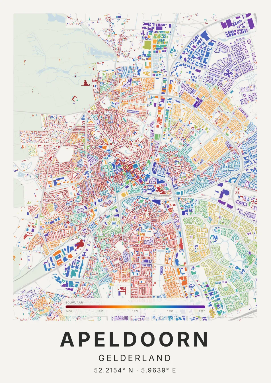 Kaartposter Apeldoorn in Tijdlaag stijl