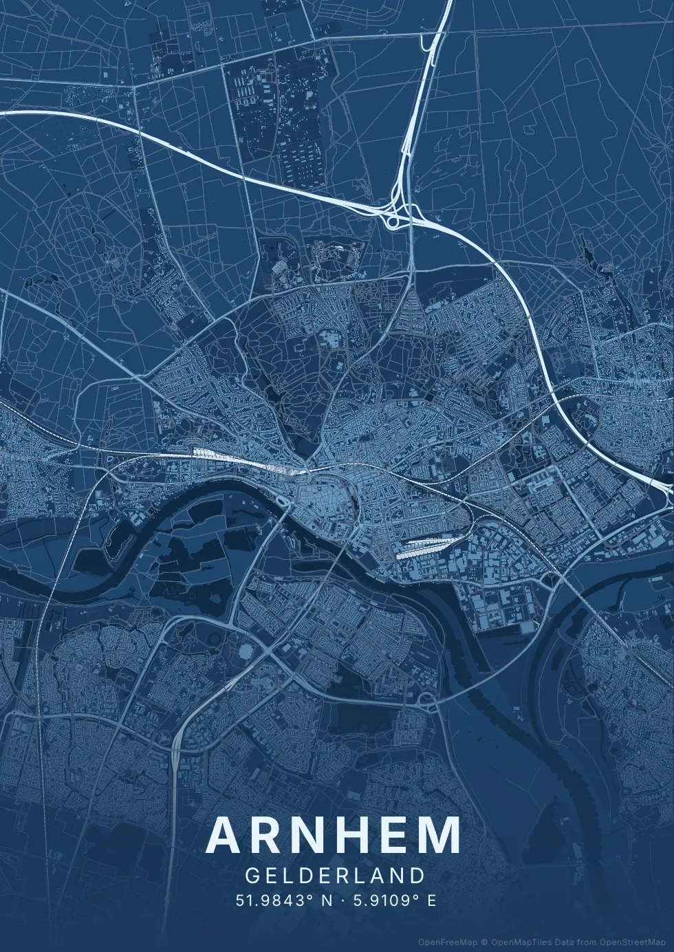 Kaartposter Arnhem in Blauwdruk stijl