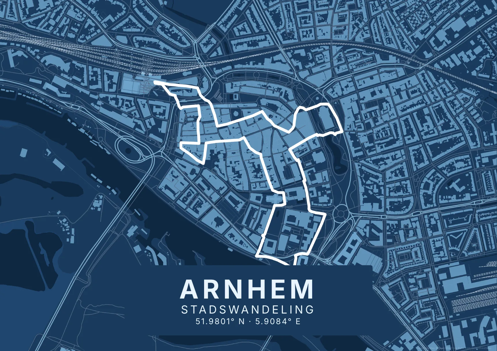 Kaartposter Arnhem in Blauwdruk stijl, liggend