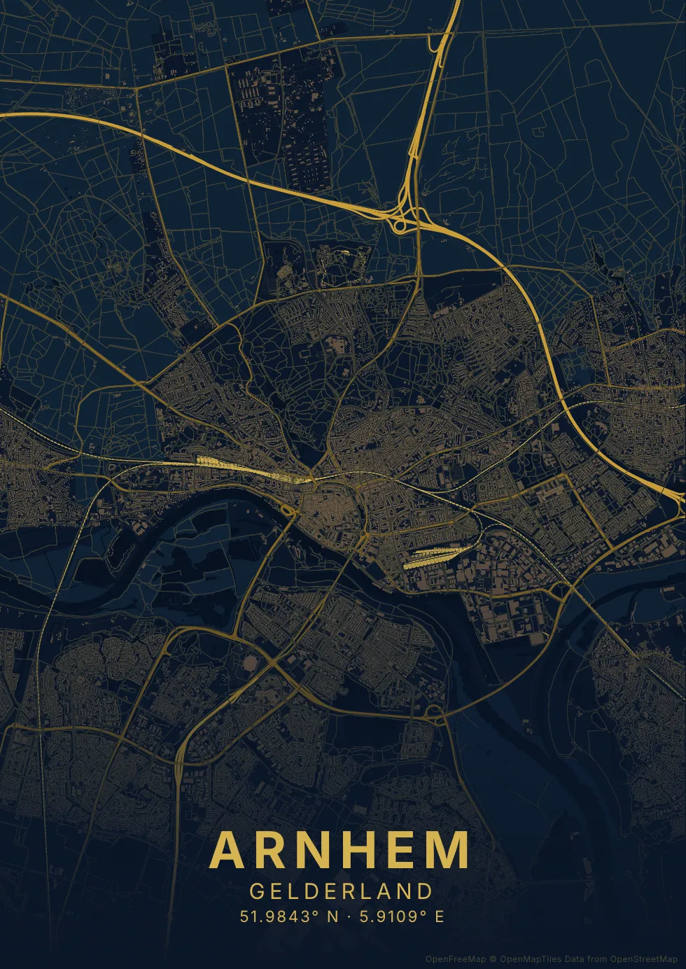 Kaartposter Arnhem in Nachtblauw stijl