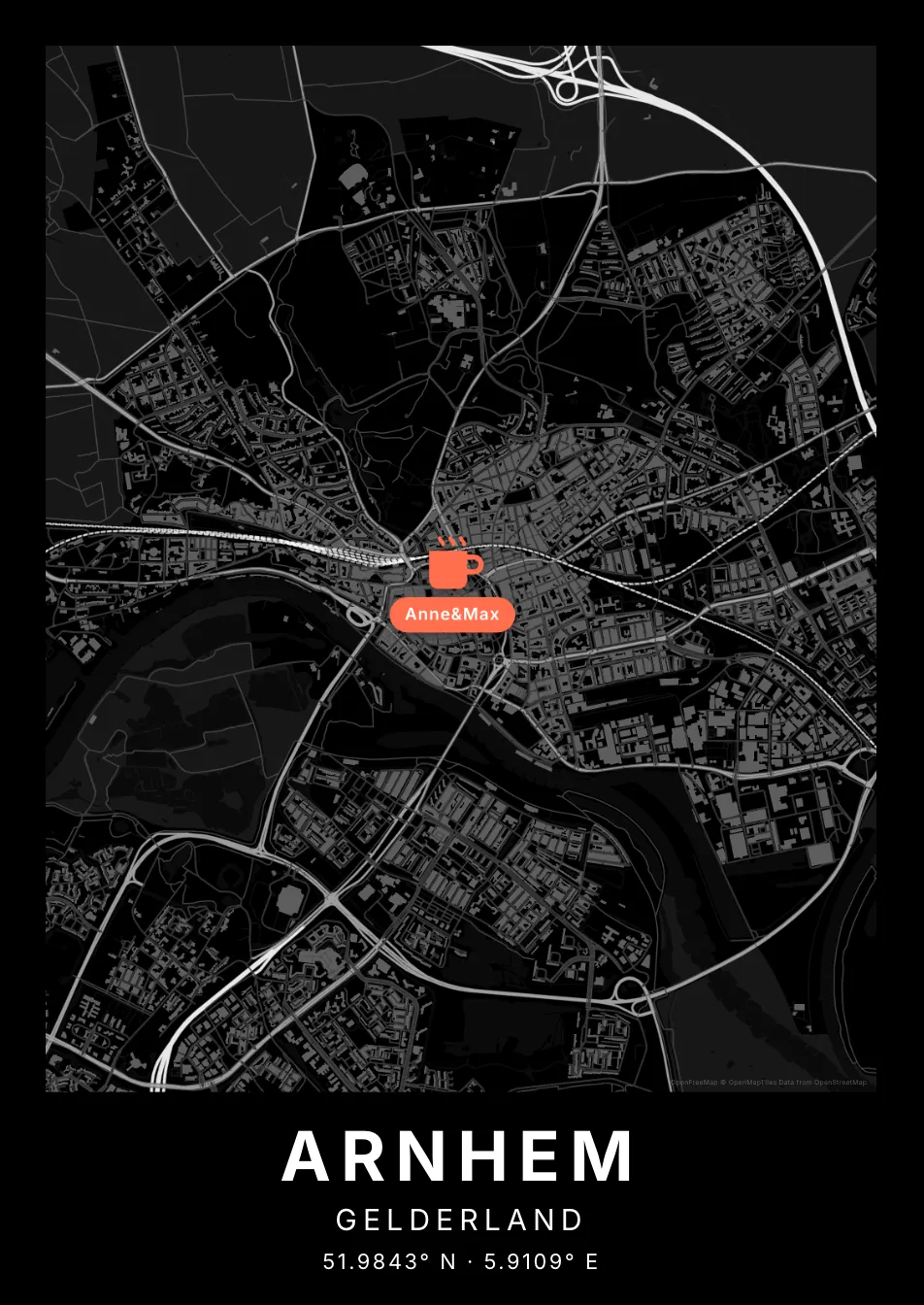 Kaartposter Arnhem in Nachtzwart stijl