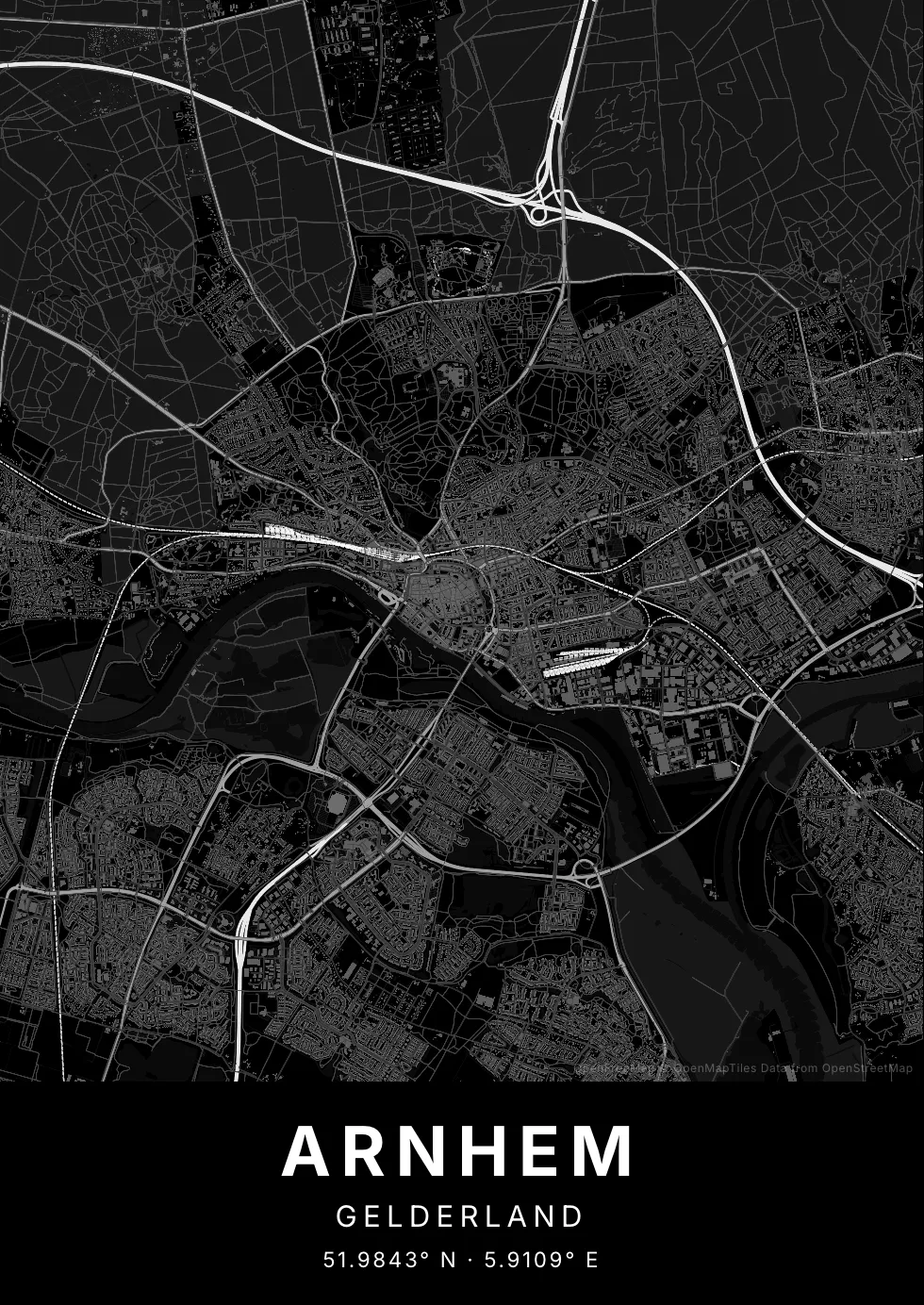 Kaartposter van Arnhem in Nachtzwart stijl