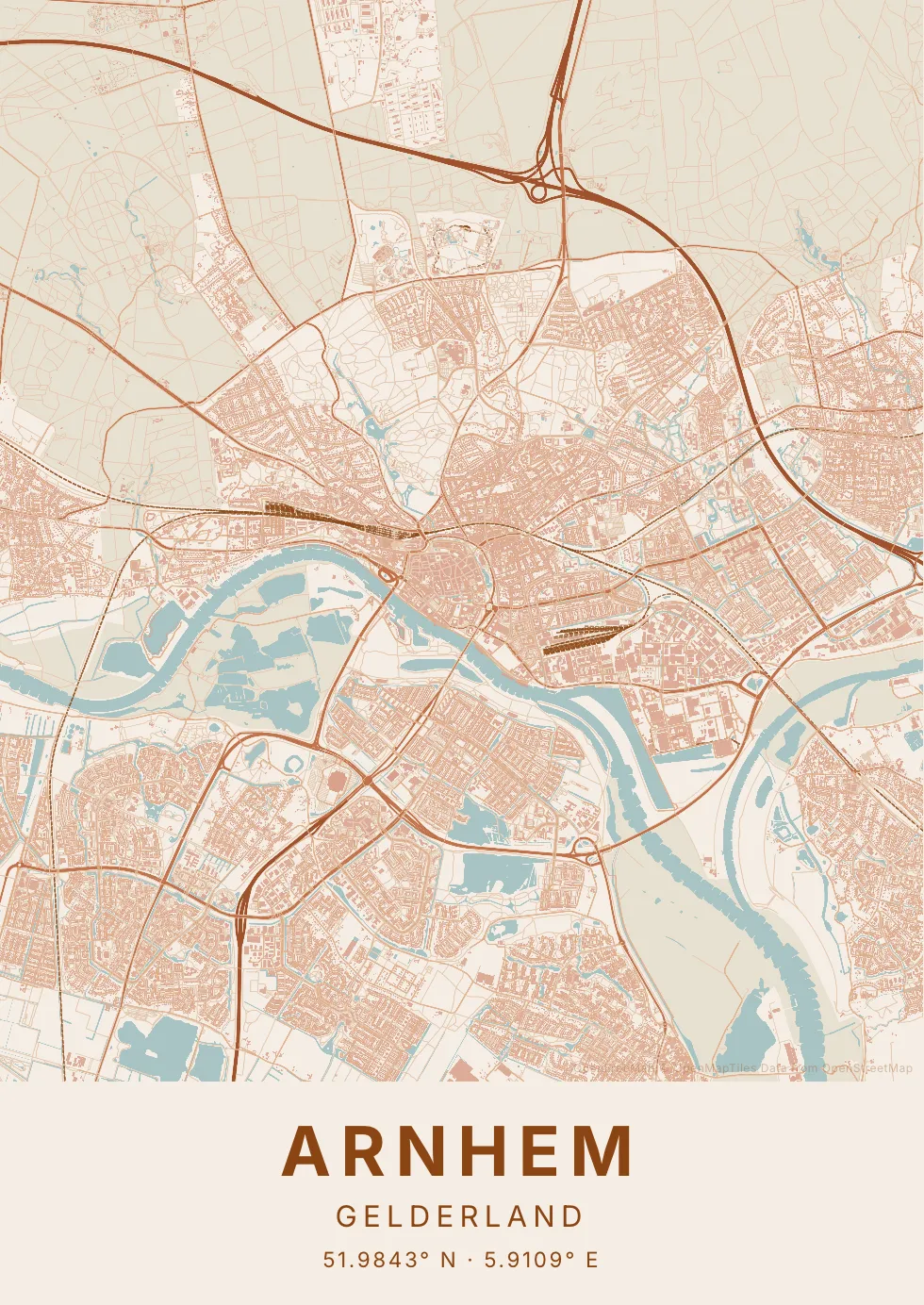 Kaartposter Arnhem in Klei stijl