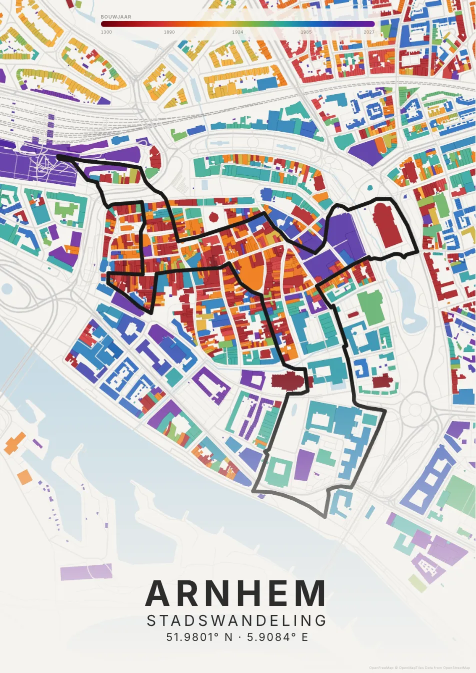 Kaartposter Arnhem in Tijdlaag stijl