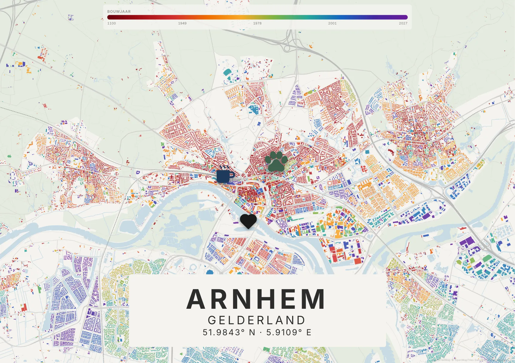 Kaartposter Arnhem in Tijdlaag stijl, liggend