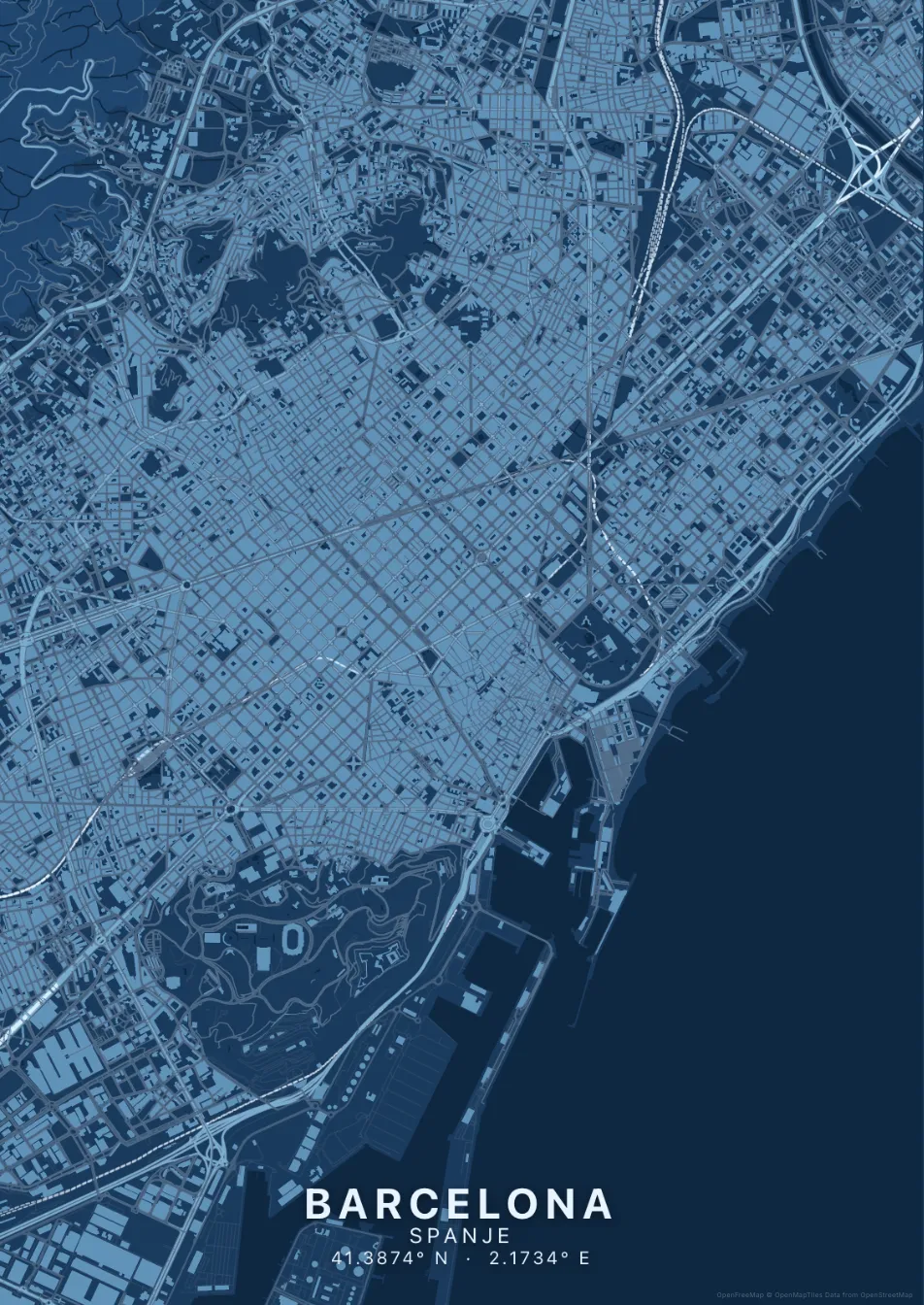 Kaartposter Barcelona in Blauwdruk stijl