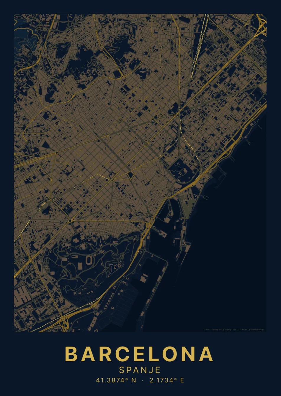 Kaartposter Barcelona in Nachtblauw stijl