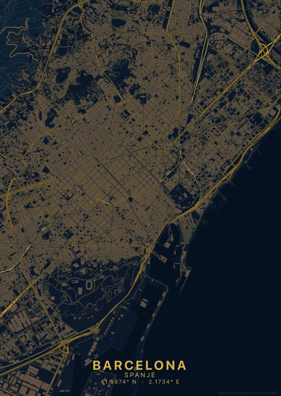 Kaartposter Barcelona in Nachtblauw stijl