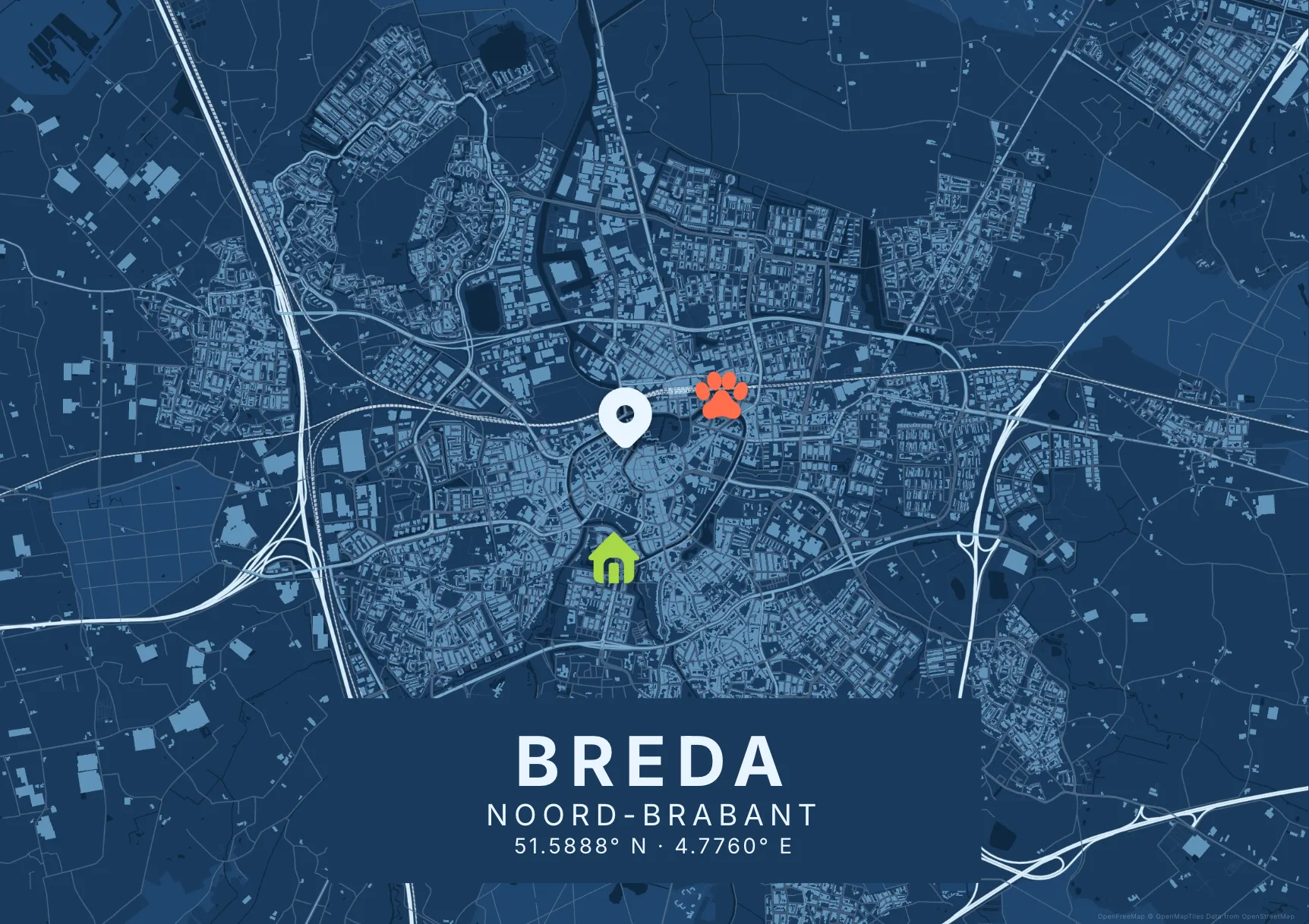 Kaartposter Breda in Blauwdruk stijl, liggend