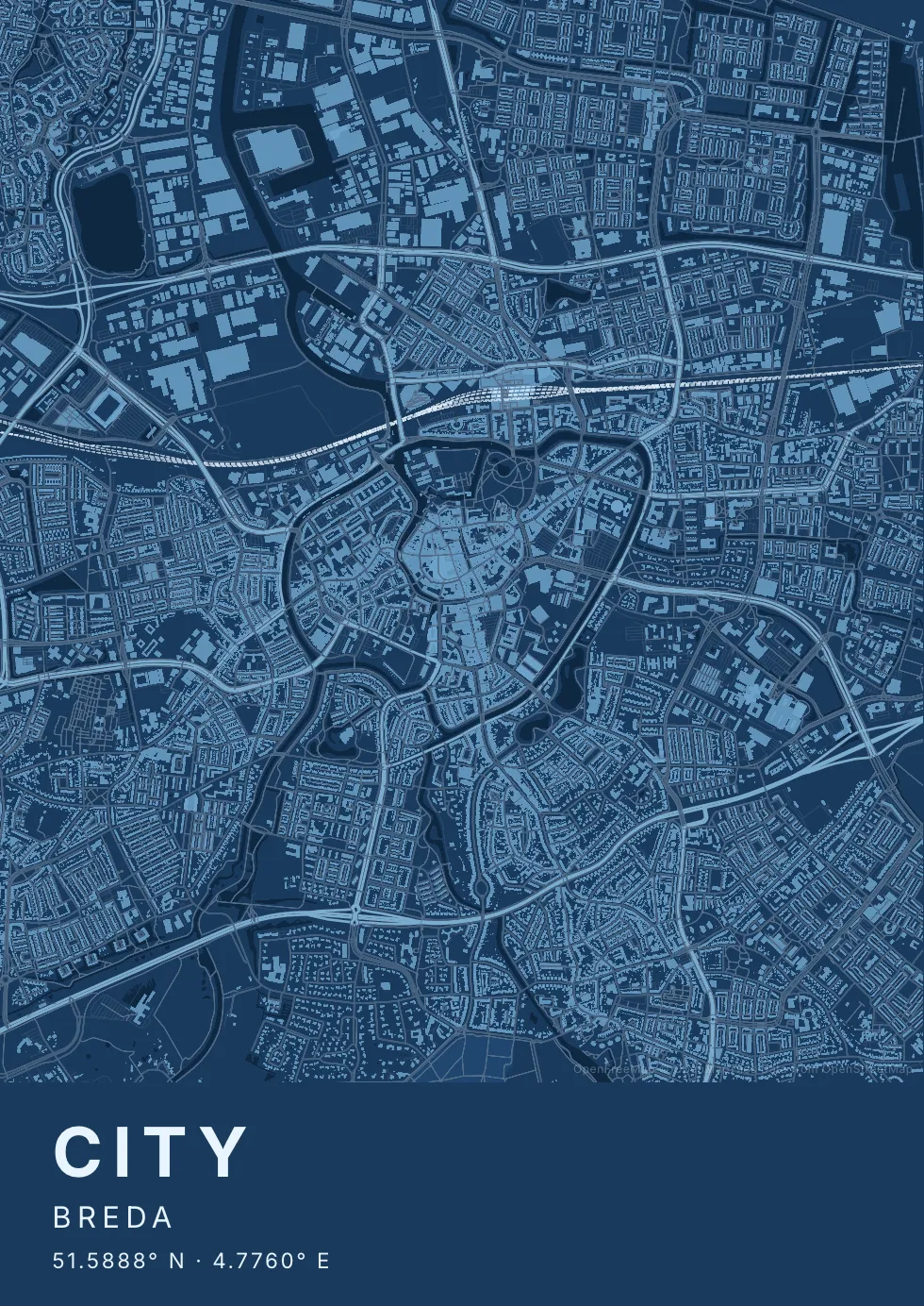 Kaartposter Breda in Blauwdruk stijl