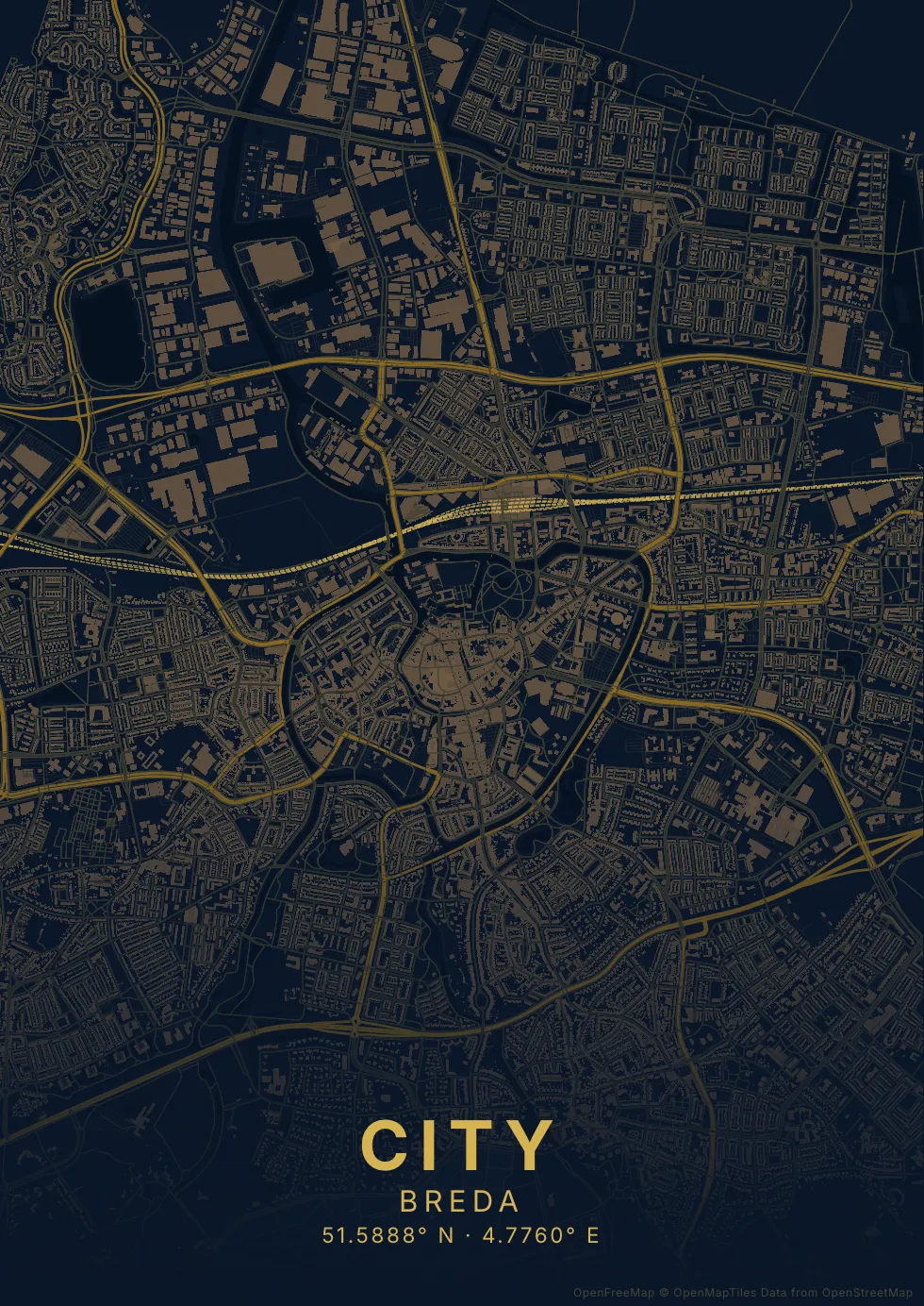 Kaartposter Breda in Nachtblauw stijl