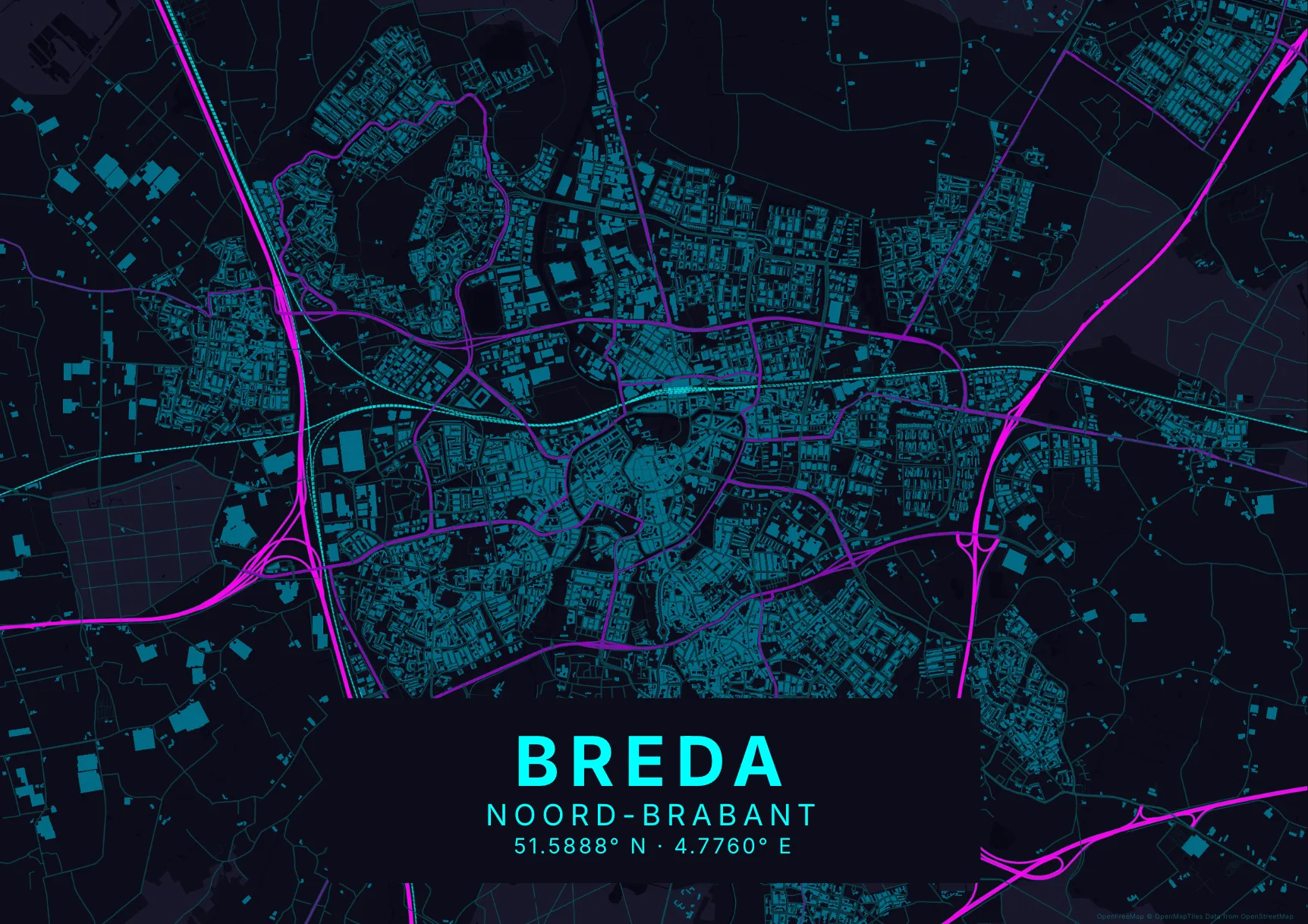 Kaartposter Breda in Neon stijl