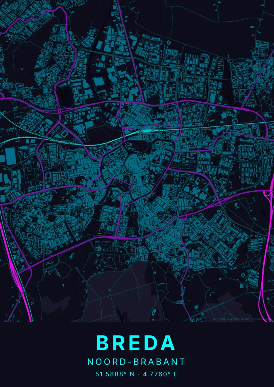 Kaartposter Breda in Neon stijl