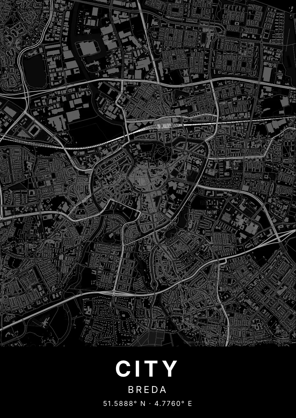 Kaartposter van Breda in Nachtzwart stijl