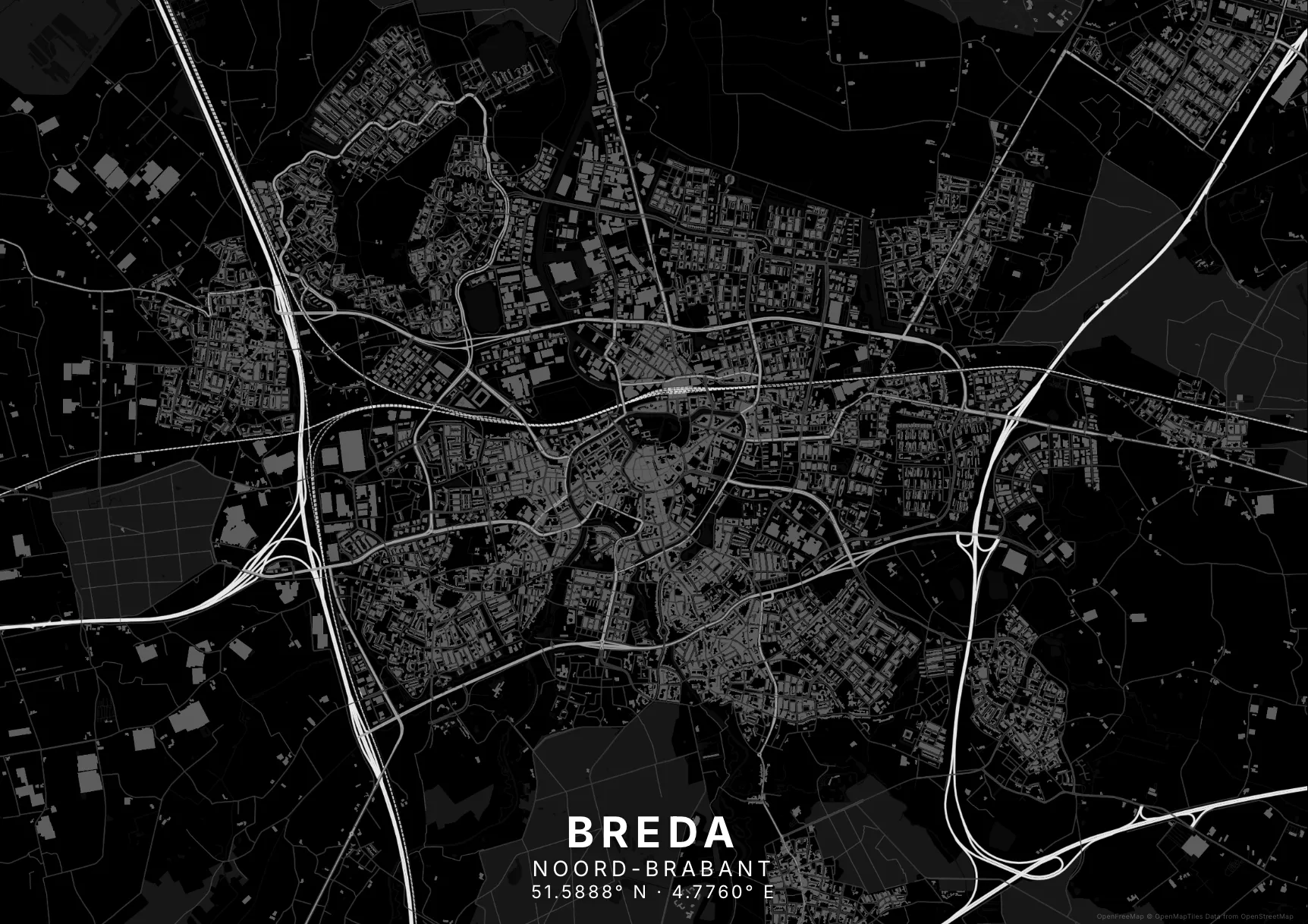 Kaartposter Breda in Nachtzwart stijl