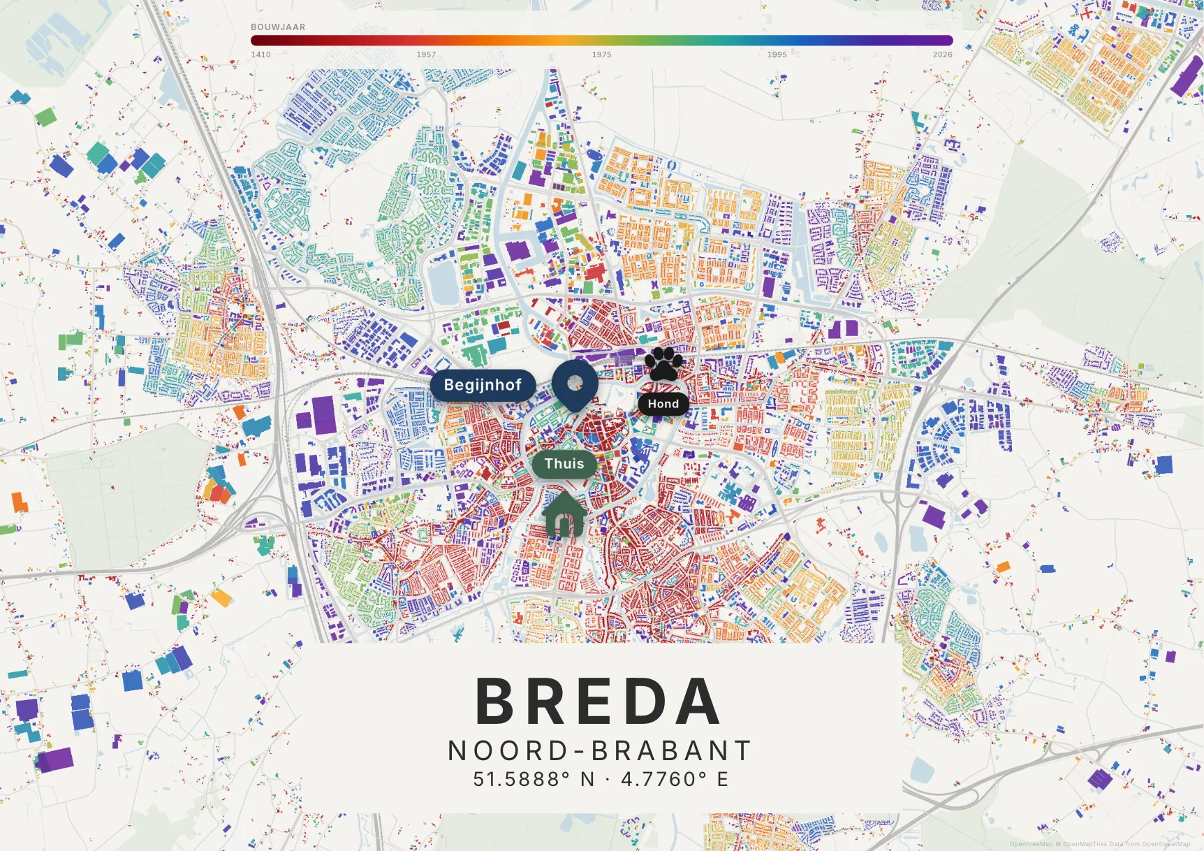 Kaartposter Breda in Tijdlaag stijl, liggend