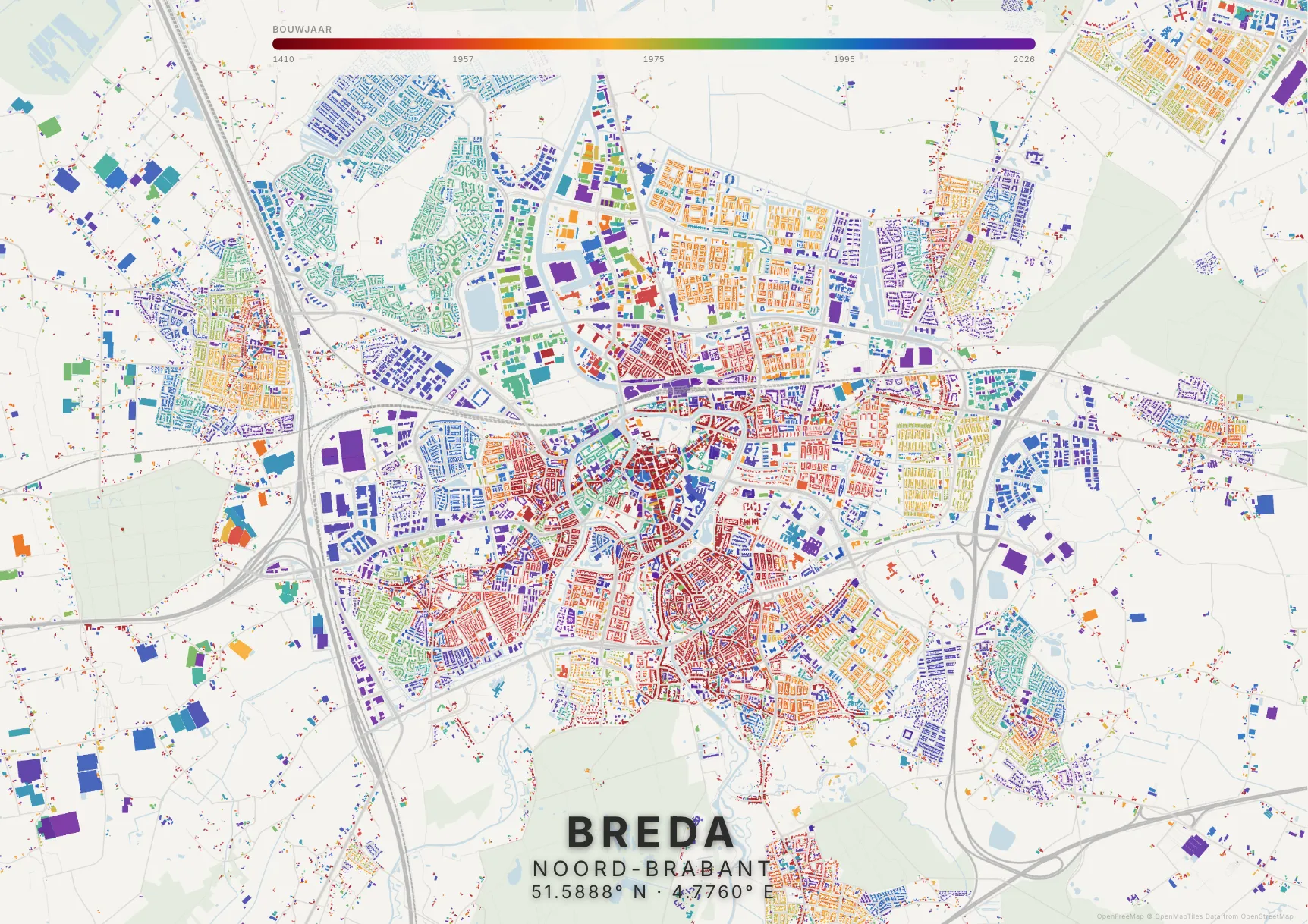 Kaartposter Breda in Tijdlaag stijl