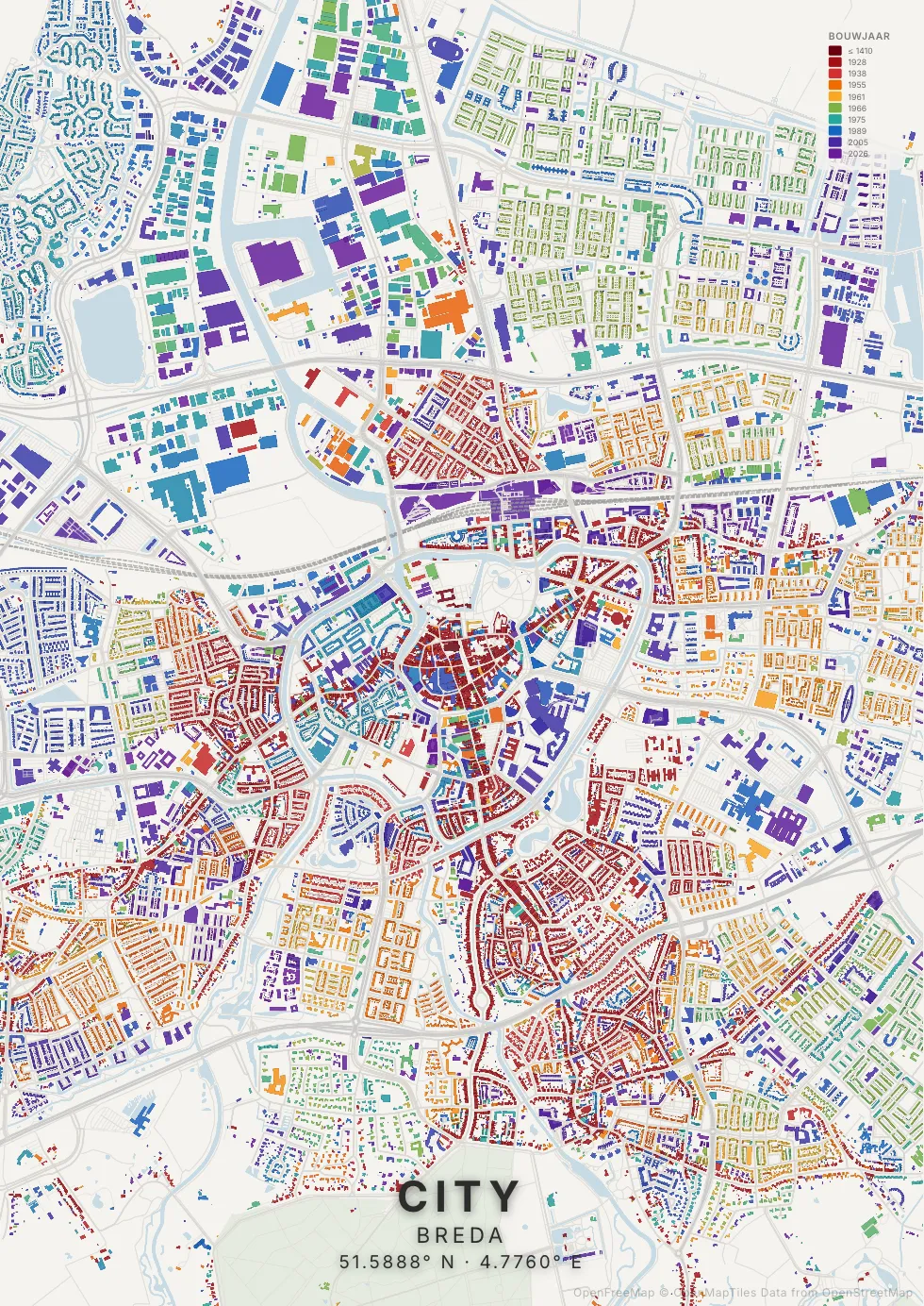 Kaartposter Breda in Tijdlaag stijl