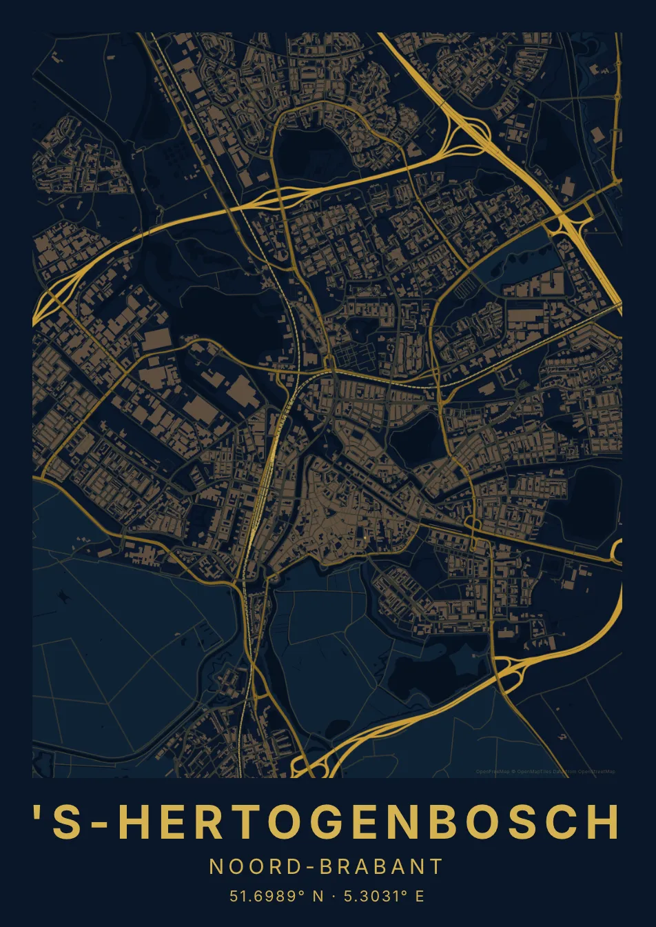 Kaartposter Den Bosch in Nachtblauw stijl