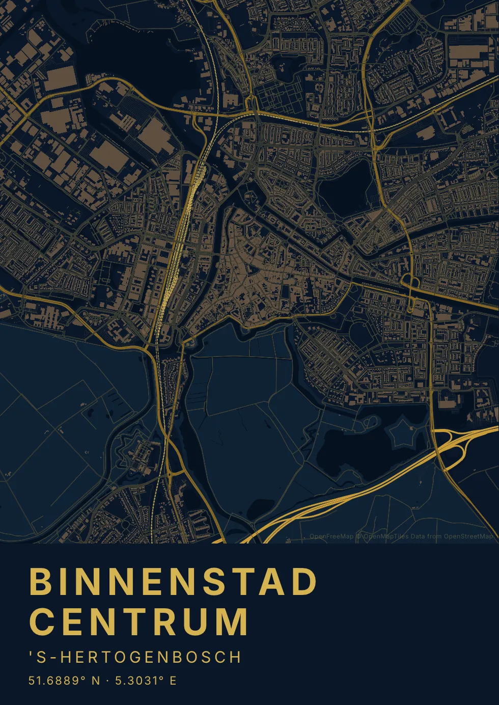 Kaartposter Den Bosch in Nachtblauw stijl