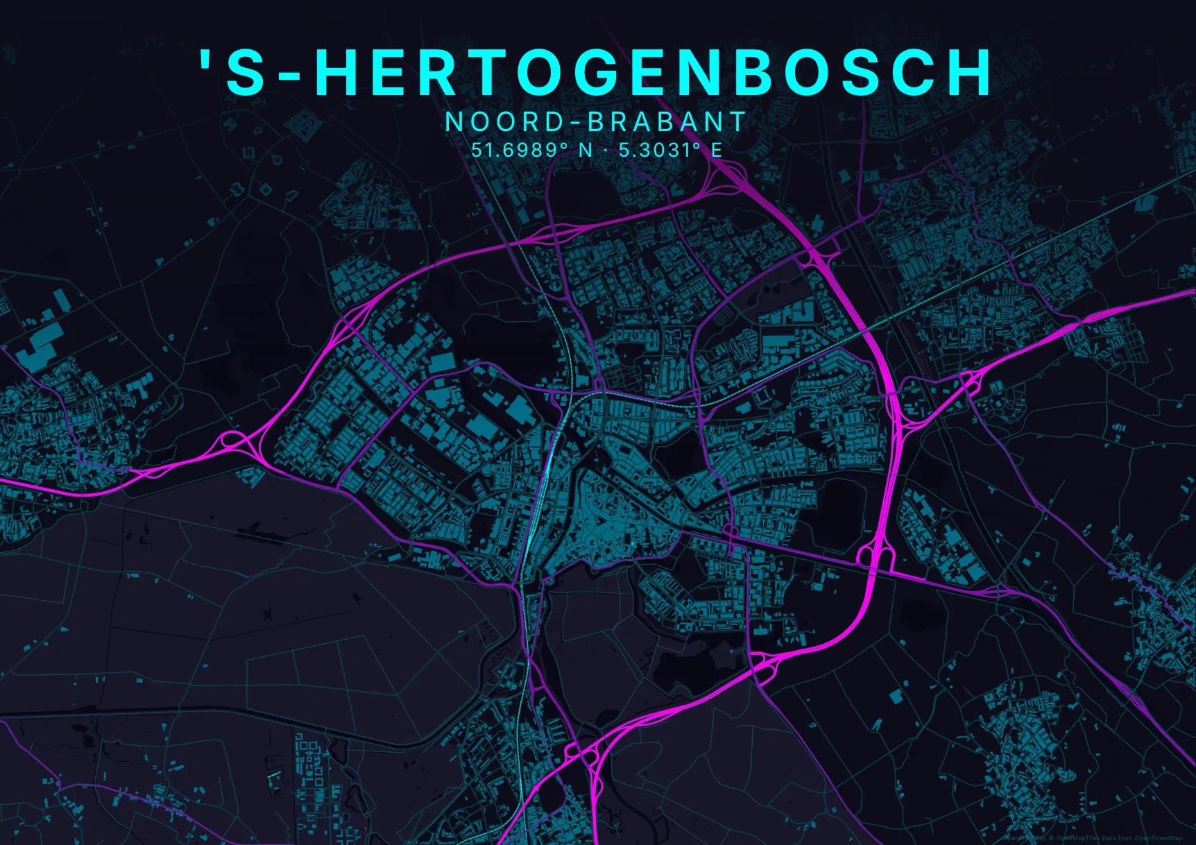 Kaartposter Den Bosch in Neon stijl