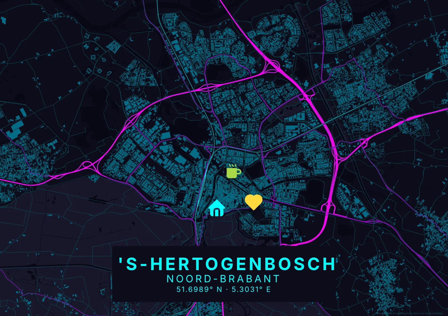 Kaartposter Den Bosch in Neon stijl