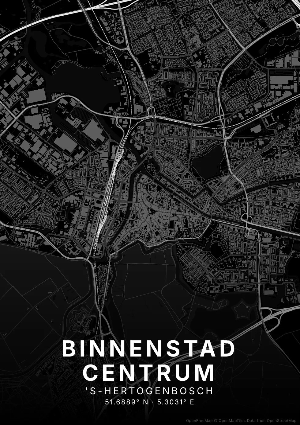 Kaartposter Den Bosch in Nachtzwart stijl