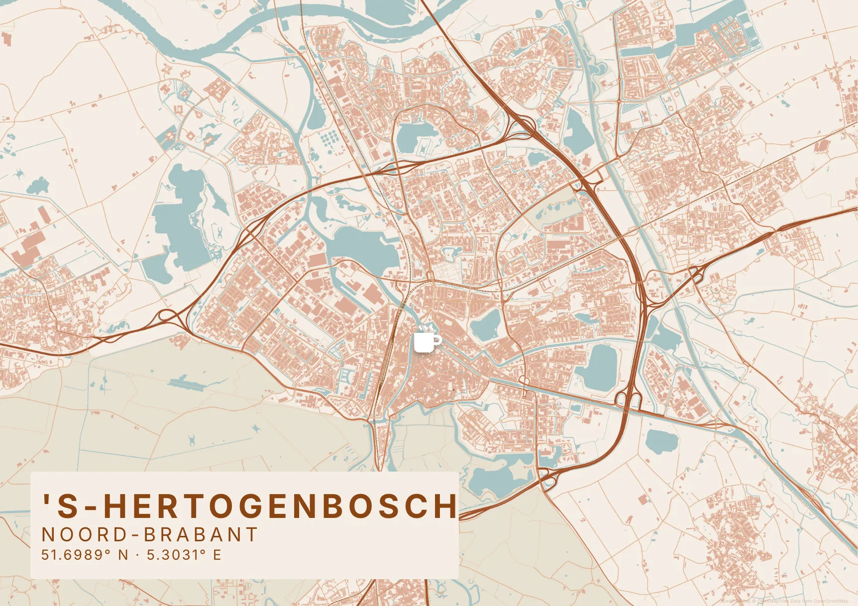 Kaartposter Den Bosch in Klei stijl