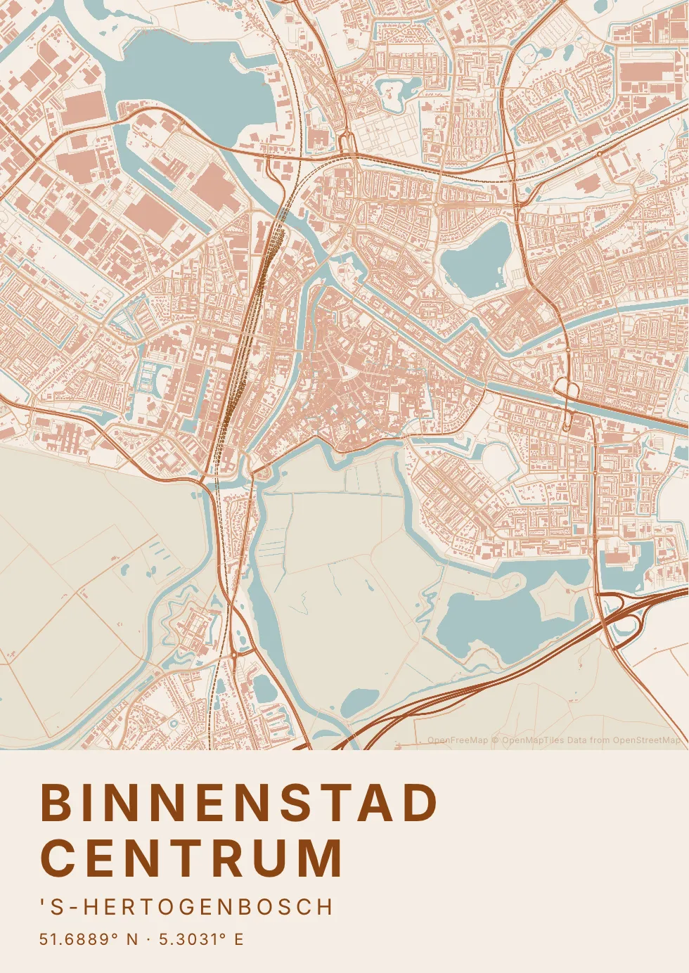 Kaartposter Den Bosch in Klei stijl