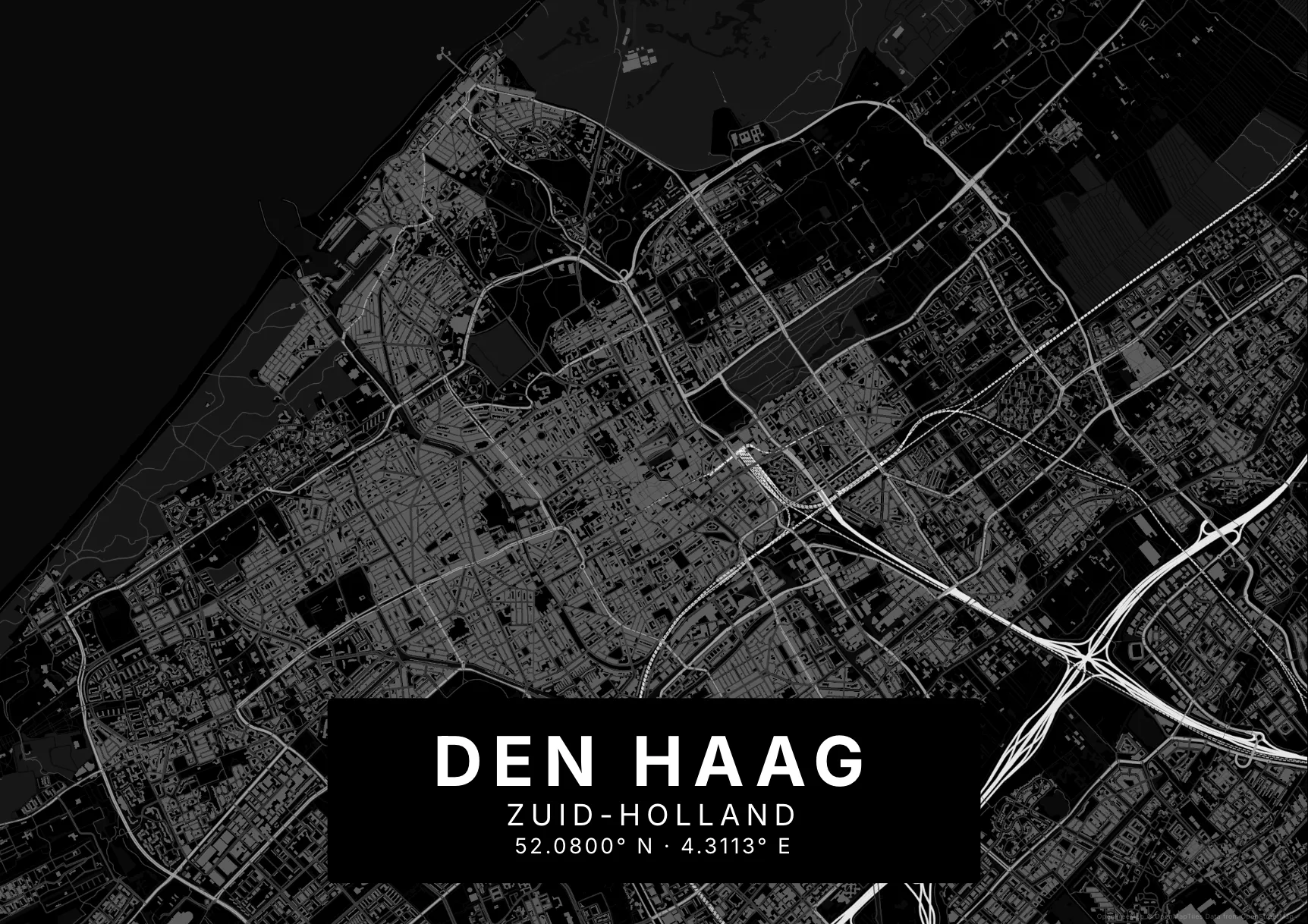 Kaartposter Den Haag in Nachtzwart stijl