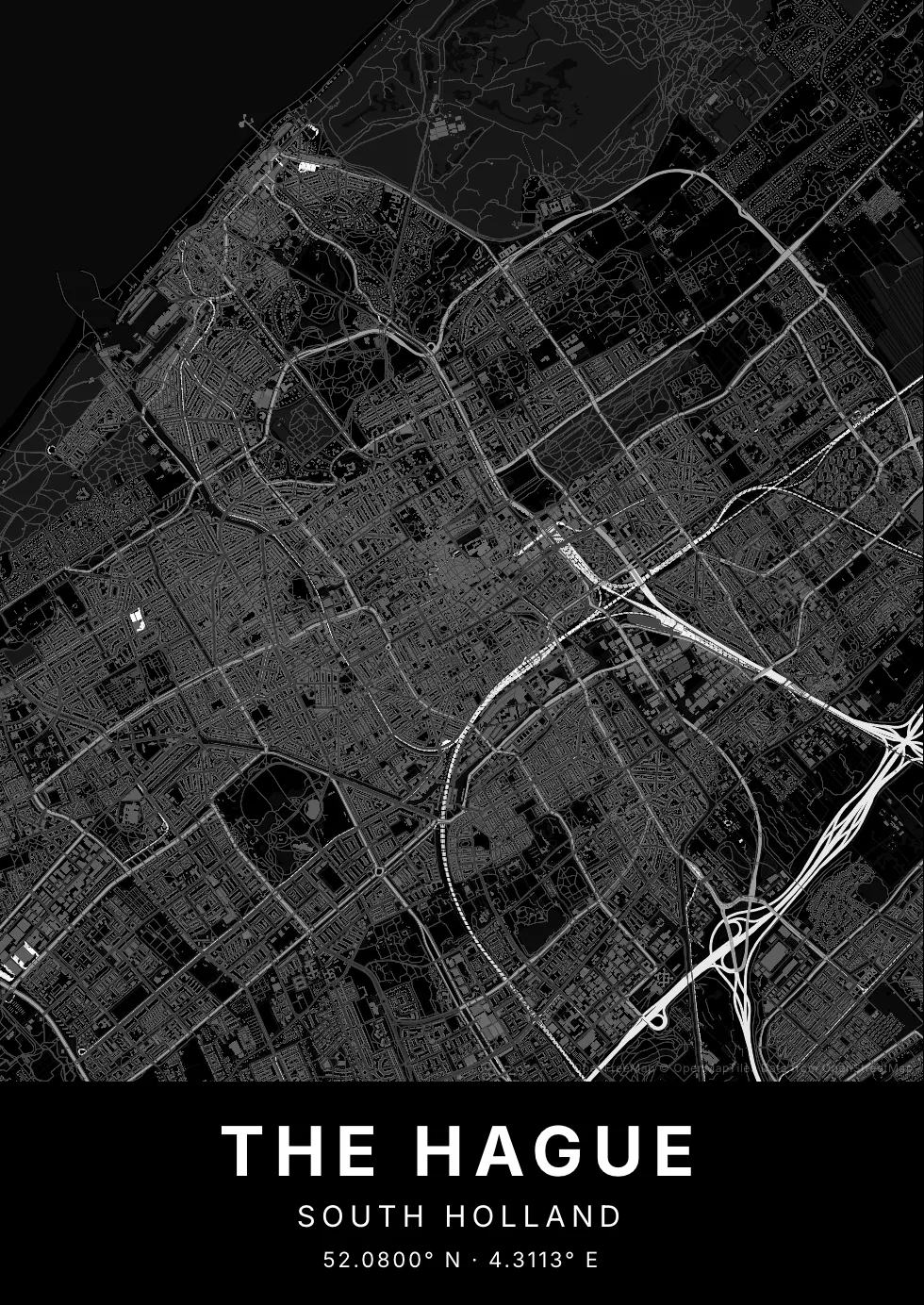 Kaartposter van Den Haag in Nachtzwart stijl